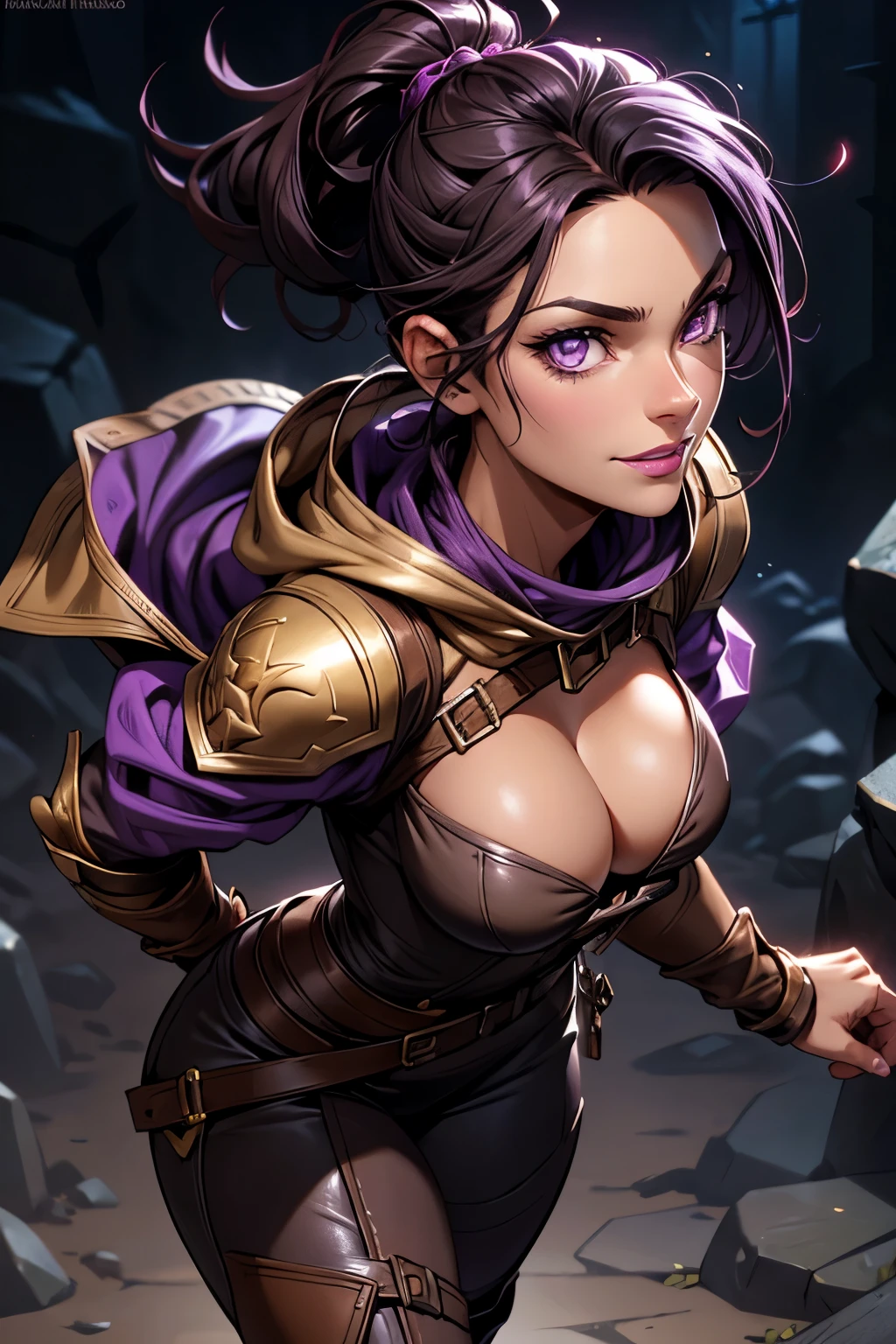 A female ranger wearing brown leathers with a purple hood, detailed yellow eyes, ((yellow eyes)), purple lipstick, short black hair swept back, hair tied back, fantasy ranger, purple hood, intense dangerous expression and smile. Detailed hands. ((Detailed eyes)), ((Detailed face)). vibrant colors., high quality, high resolution, masterpiece, (High resolution), (high quality), (sharp focus), (best quality), cleavage. Show her walking through a dark dungeon, full body shot. pov from the side.