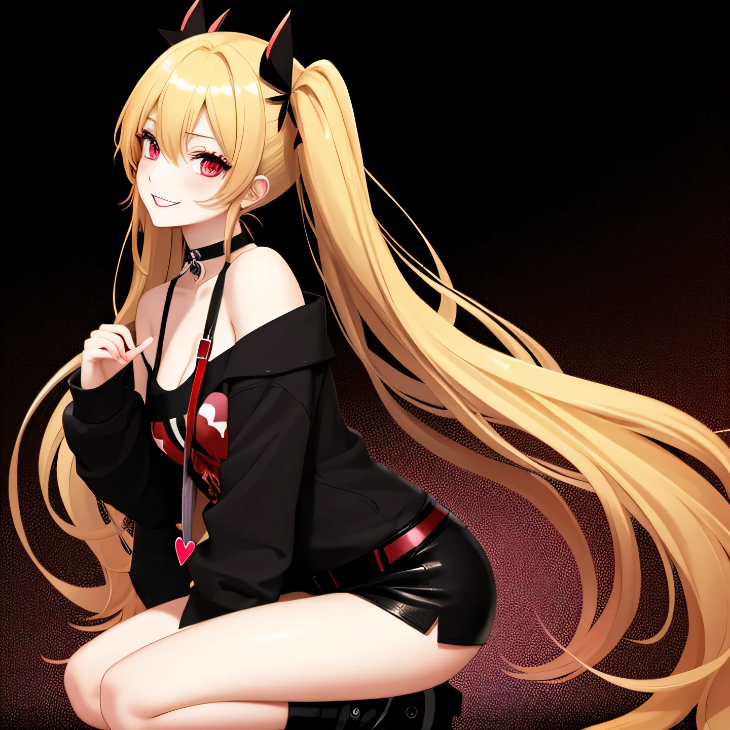 full body Esbian, full body, crouched, masutepiece: 1.2, Highest Quality), (Live-action, elaborate details), (1 Lady, Solo, Upper body,) Clothing: Edgy, Black long jumper, red miniskirt, long hair with blonde twin tails,,,,,,,、Avant-garde, Experimental appearance: Long blonde twin tail hair 、Red eyes、Heart-shaped choker、The location: karaoke、Solo, Nice smile、Value Creation in Mixed Media Art: individuality, authenticity, Creative expression
