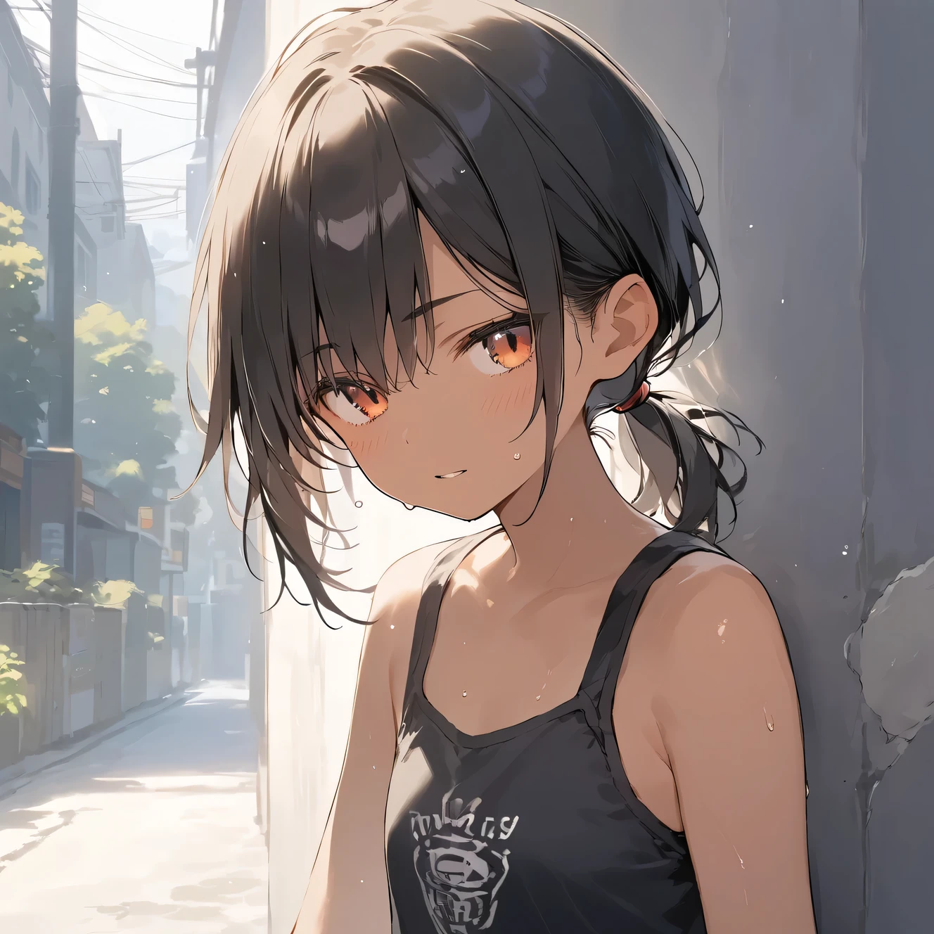 score_9, score_8_up, score_7_up, source_anime, best quality, masterpiece,official art, absurdres, highres, waifu2x,break,1girl, tomboy, dark-skinned female, short hair, low ponytail, flat chest, short shorts, sweat, parted lips, sleepily, outdoors, break,(clear line illustration:1.2),very high resolution, very aesthetic, super detailed skin, Best sexual lighting powered by famous artist, 8k,cute picture,beauty illustration,photoshop_(medium),,(Detailed Lighting)