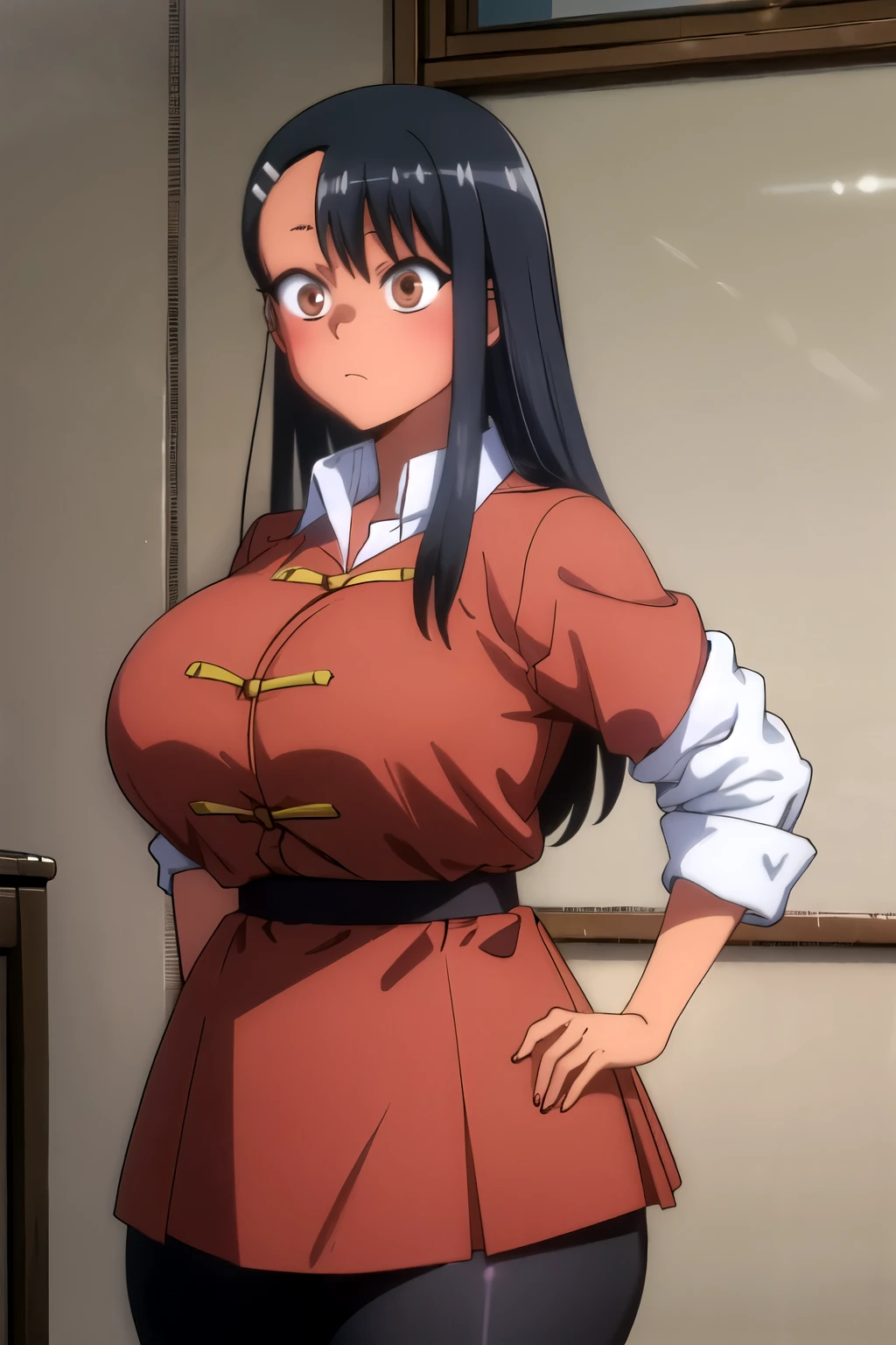 masterpiece, professional artwork, famous artwork, perfect face,nagatoro hayase, brown eyes, hairclip, black hair, cowboy shot, black hair, beautiful face, intense look, Red chinese clothes, tangzhuang, black pants, massive chest, massive thighs, gigantic breasts, huge breasts ,large breasts