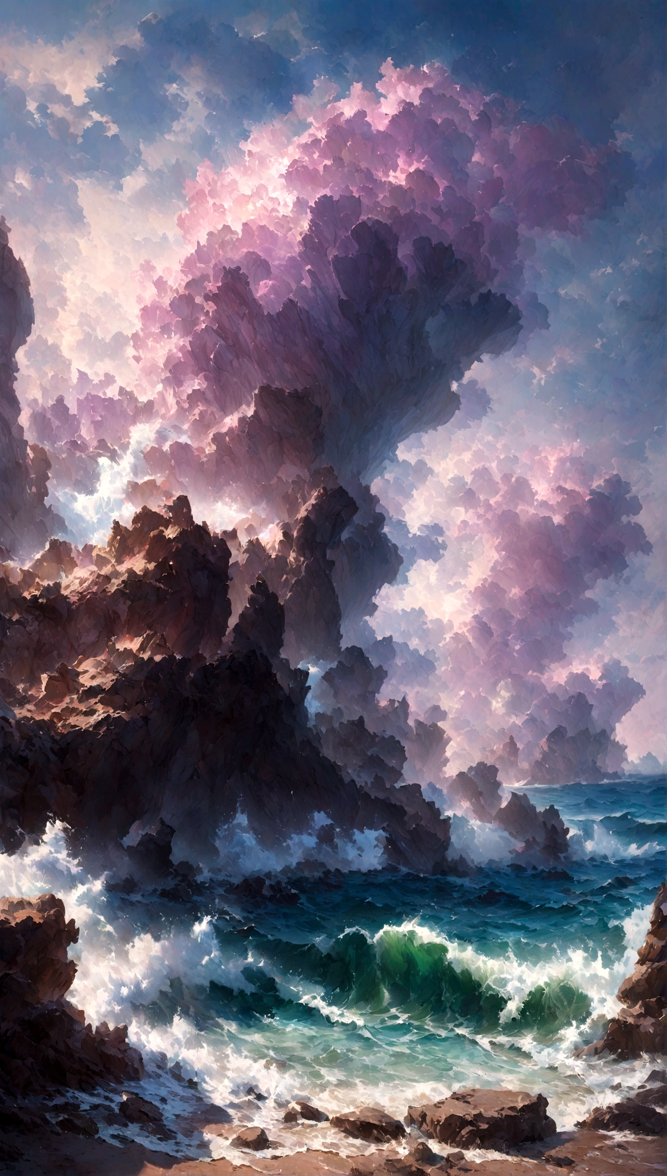 A vibrant seascape scene capturing the raw power of the ocean with waves crashing dramatically upon rugged reefs. Cloudy twilight sky with purple and pink nuances. Realistic sea waters and rock formations. Expressionist light and shadow. Hyperrealistic oil on canvas. Detailed, intricate artwork.