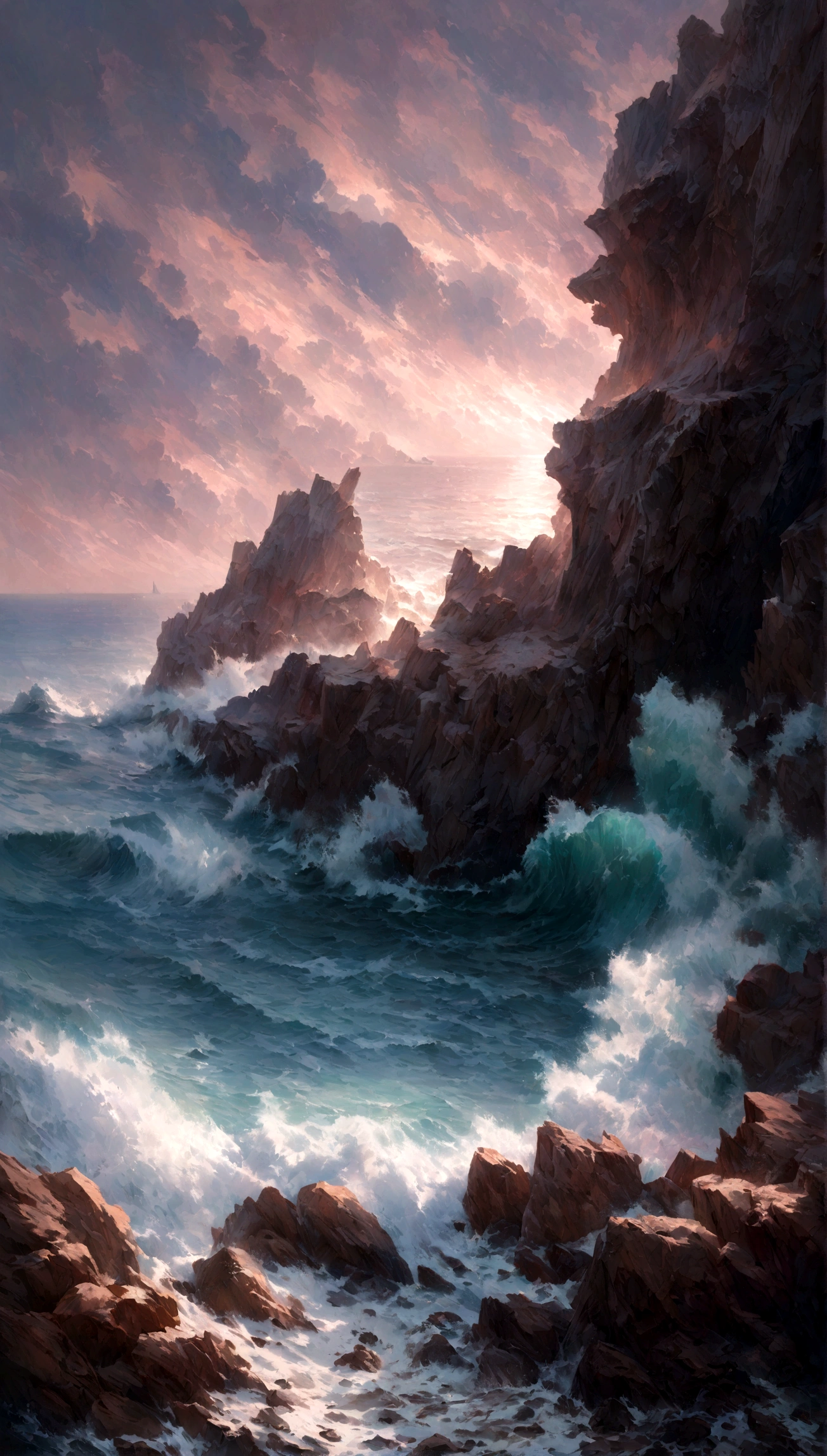 A vibrant seascape scene capturing the raw power of the ocean with waves crashing dramatically upon rugged reefs. Cloudy twilight sky with purple and pink nuances. Realistic sea waters and rock formations. Expressionist light and shadow. Hyperrealistic oil on canvas. Detailed, intricate artwork.