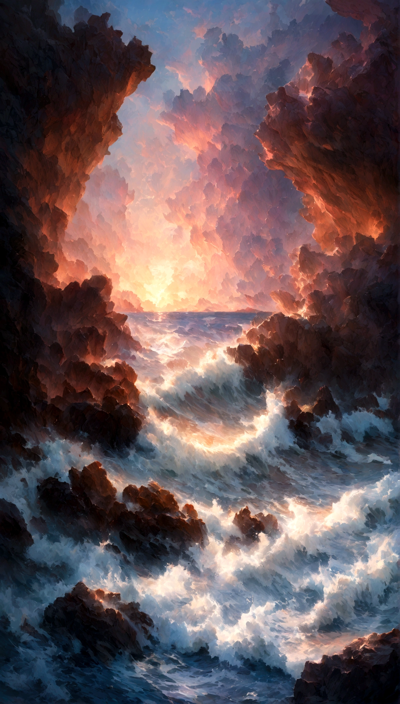 A vibrant seascape scene capturing the raw power of the ocean with waves crashing dramatically upon rugged reefs. Cloudy twilight sky with purple and pink nuances. Realistic sea waters and rock formations. Expressionist light and shadow. Hyperrealistic oil on canvas. Detailed, intricate artwork.