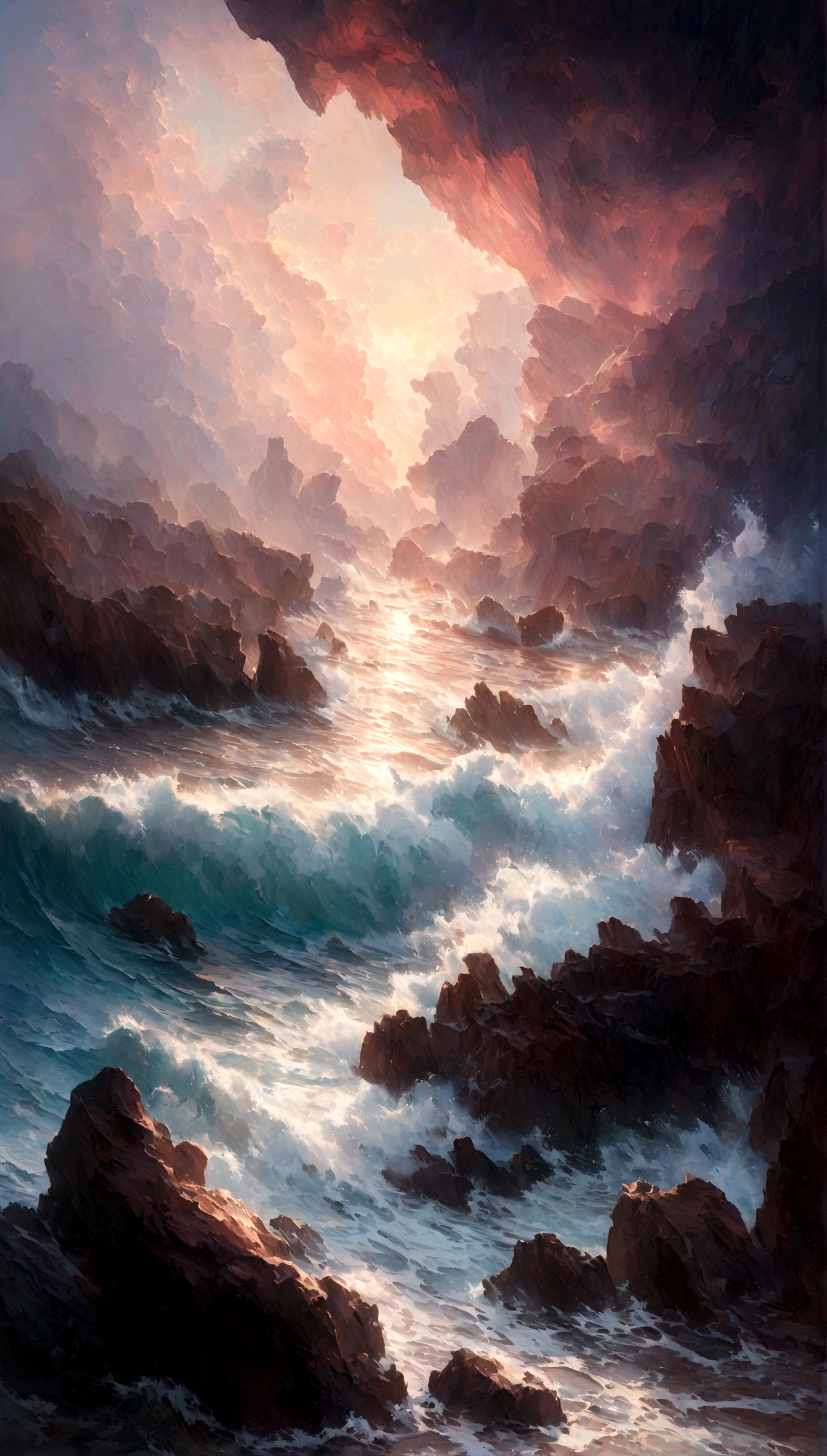 A vibrant seascape scene capturing the raw power of the ocean with waves crashing dramatically upon rugged reefs. Cloudy twilight sky with purple and pink nuances. Realistic sea waters and rock formations. Expressionist light and shadow. Hyperrealistic oil on canvas. Detailed, intricate artwork.