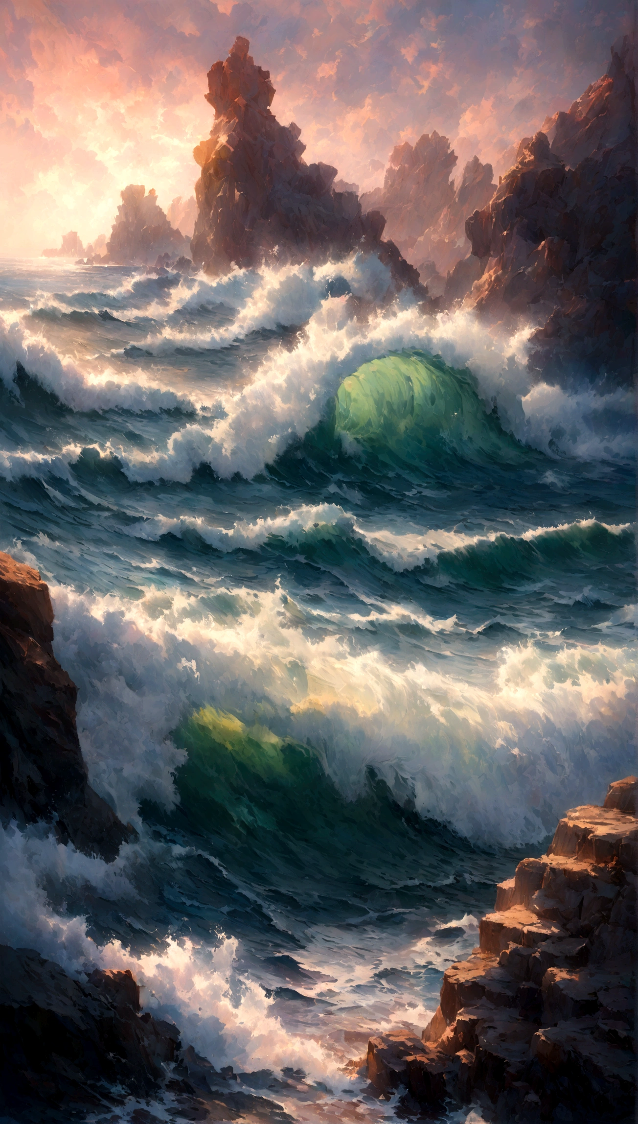 A vibrant seascape scene capturing the raw power of the ocean with waves crashing dramatically upon rugged reefs. Cloudy twilight sky with purple and pink nuances. Realistic sea waters and rock formations. Expressionist light and shadow. Hyperrealistic oil on canvas. Detailed, intricate artwork.