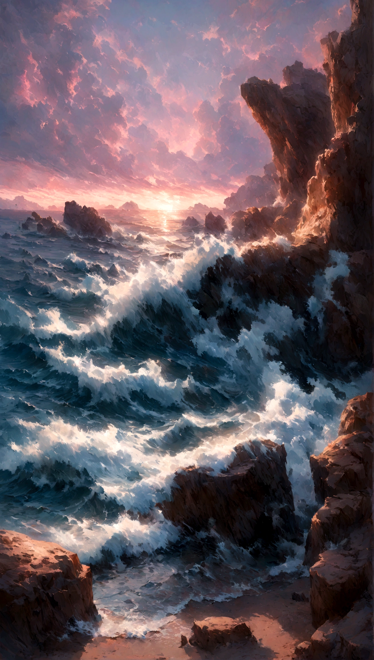 A vibrant seascape scene capturing the raw power of the ocean with waves crashing dramatically upon rugged reefs. Cloudy twilight sky with purple and pink nuances. Realistic sea waters and rock formations. Expressionist light and shadow. Hyperrealistic oil on canvas. Detailed, intricate artwork.