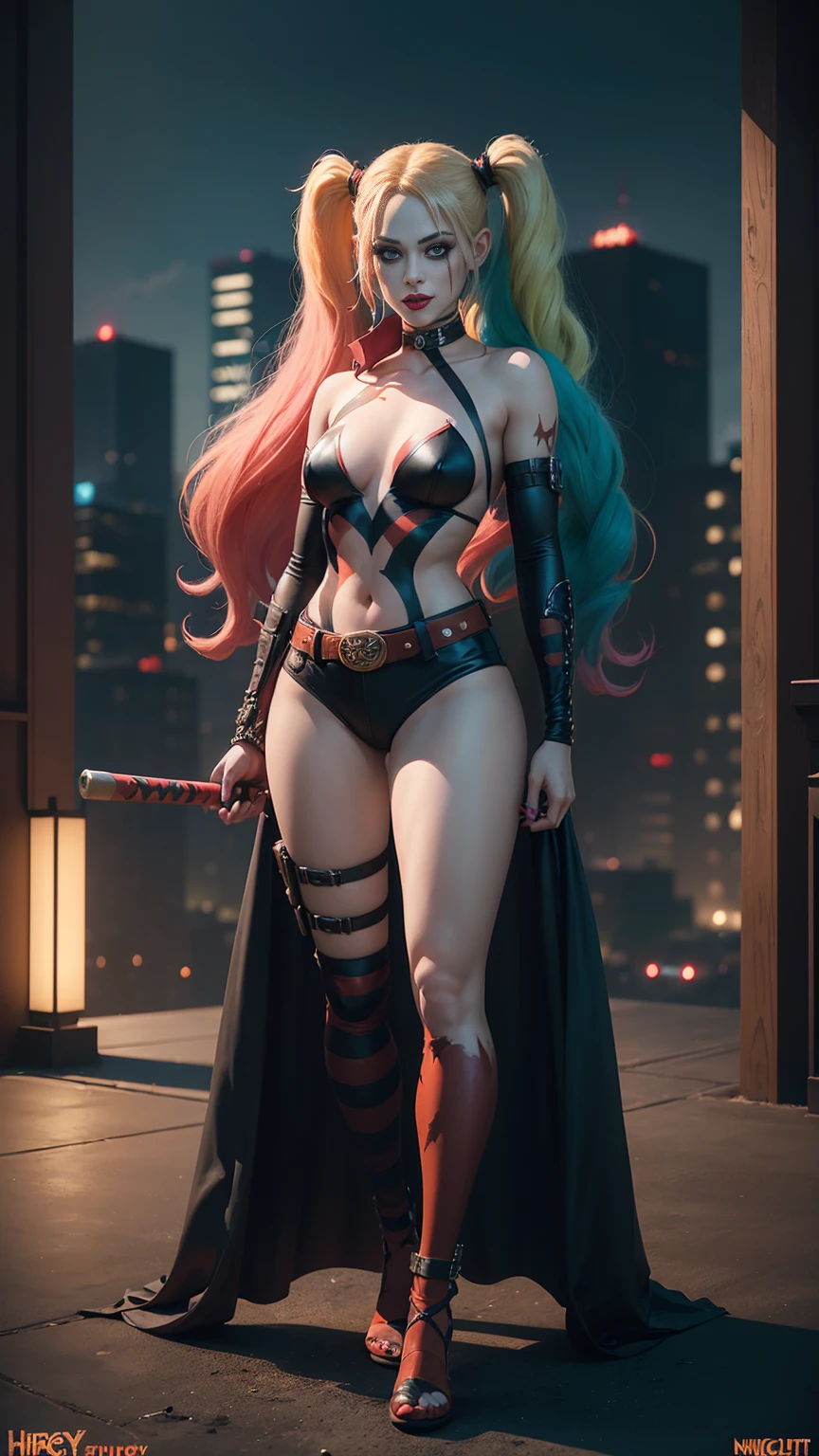 ((full body photo, standing, feet on the ground)) Villain Harley Quinn, long colored hair, Smeared makeup, tight costume, Buckle Belt, A bat in his hand, exteriors, night city, higly detailed, Realistic full-length photo