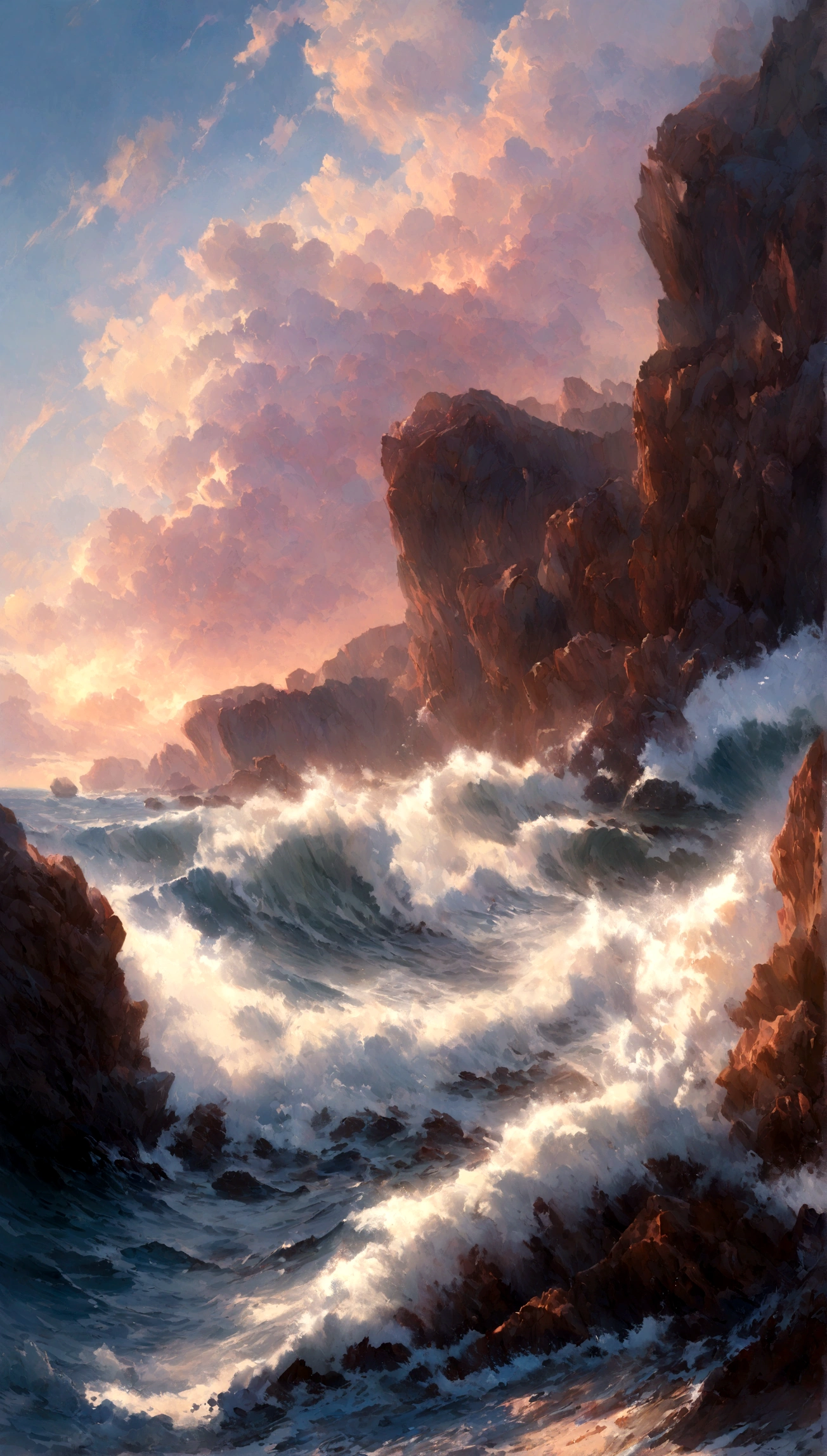 A vibrant seascape scene capturing the raw power of the ocean with waves crashing dramatically upon rugged reefs. Cloudy twilight sky with purple and pink nuances. Realistic sea waters and rock formations. Expressionist light and shadow. Hyperrealistic oil on canvas. Detailed, intricate artwork.