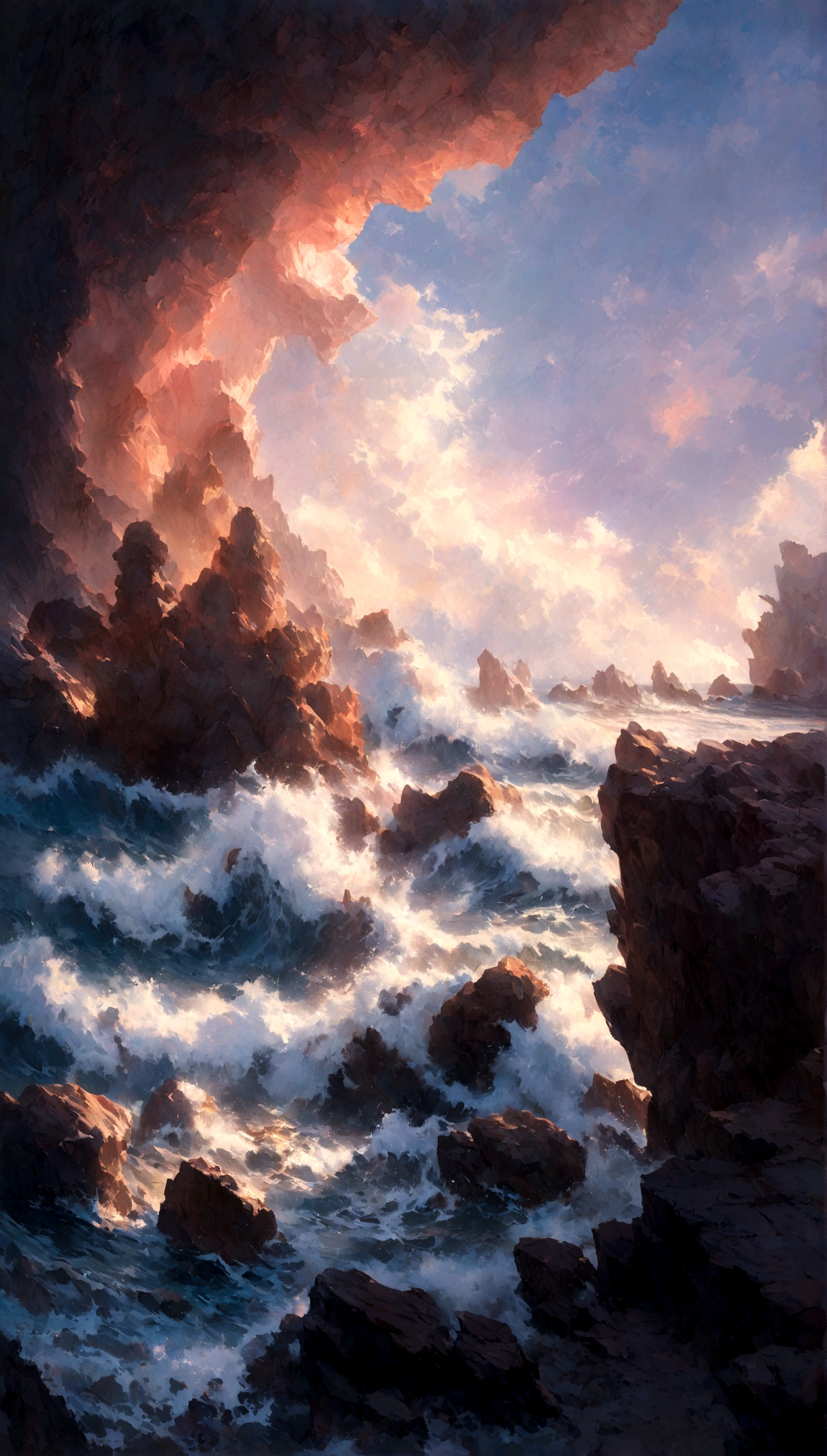 A vibrant seascape scene capturing the raw power of the ocean with waves crashing dramatically upon rugged reefs. Cloudy twilight sky with purple and pink nuances. Realistic sea waters and rock formations. Expressionist light and shadow. Hyperrealistic oil on canvas. Detailed, intricate artwork.