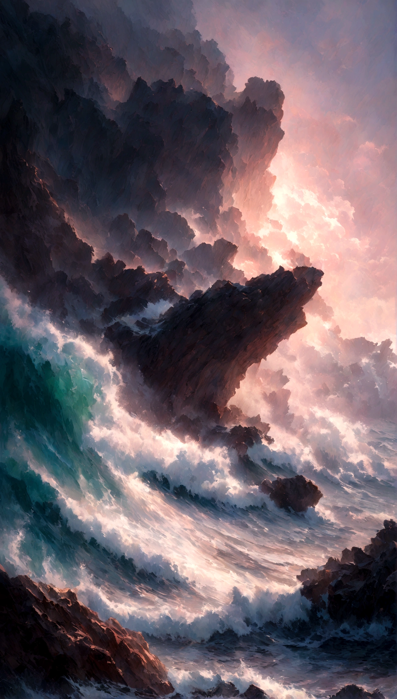 A vibrant seascape scene capturing the raw power of the ocean with waves crashing dramatically upon rugged reefs. Cloudy twilight sky with purple and pink nuances. Realistic sea waters and rock formations. Expressionist light and shadow. Hyperrealistic oil on canvas. Detailed, intricate artwork.