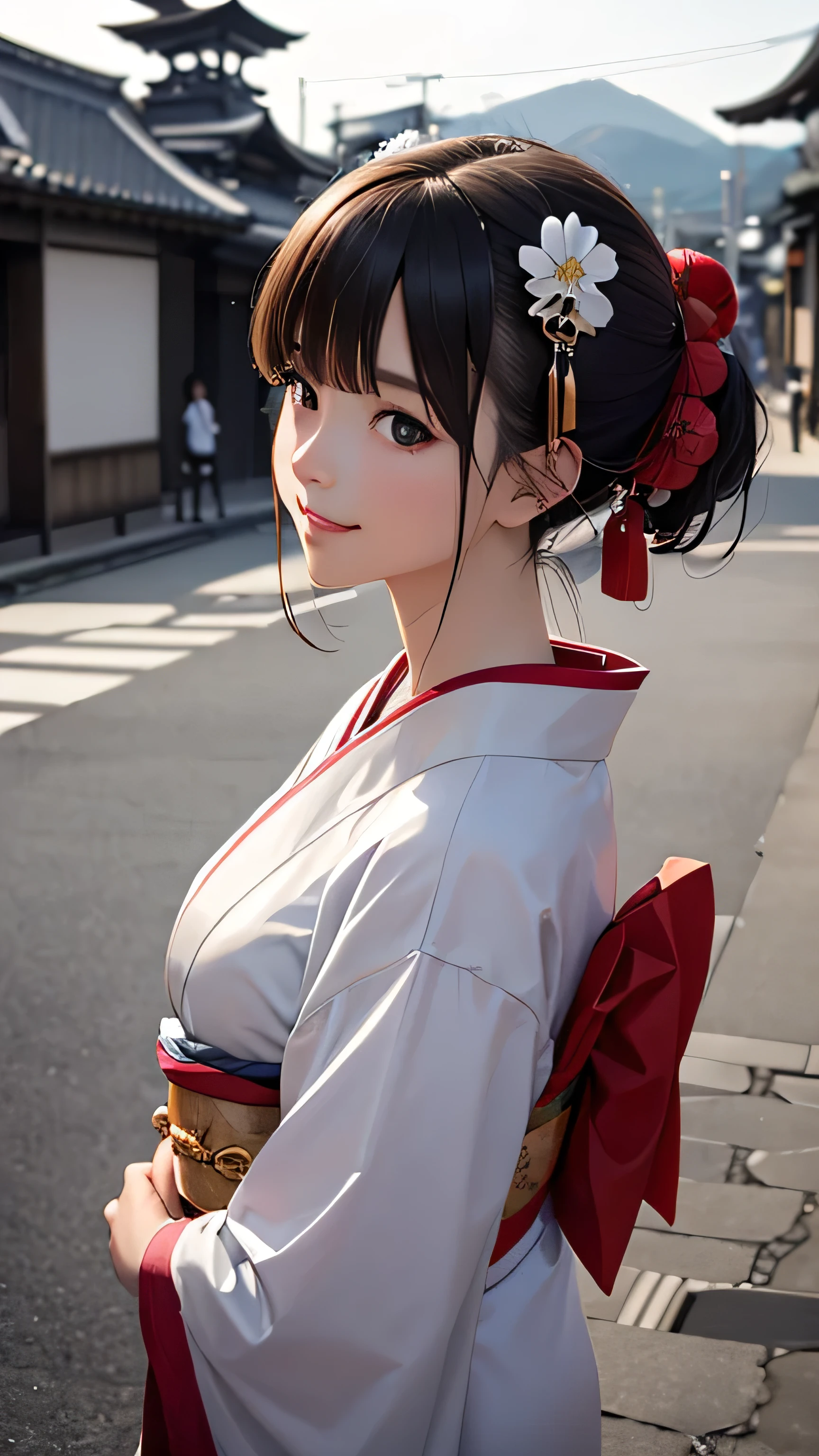 Professional Lighting,(Photorealistic:1.4), (Top image quality:1.0), (超A high resolution:1.0), 8k, Raw photography, (masterpiece:0.2), (Facing the children_v1:0.5)、(highest quality Detail:1.2)、Realistic、8K Ultra HD、High resolution、(1 girl:1.2)、Super detailed、High quality textures、Complex details、detailed、Very detailed CG、High quality shadows、detailed Beautiful and delicate face、Beautiful details and a delicate eye、(Symmetrical eyes:1.2),Written boundary depth、Ray Tracing,1 girl, Japanese Girls, (Natural smile:1.4),cute, thin, Portrait of a beautiful Japanese woman in a kimono, Standing elegantly on a street corner in Kyoto. Kimono with vibrant traditional patterns, Hair decorated with elegant and delicate hairpins, Gentle expression. (With the old streets of Kyoto in the background:1.4)、The soft light of a spring afternoon、Adding tranquility to the scene. Rendered in a Realistic style with great attention to detail, High resolution images.Sky Porn, Magic Hour, (Realistic:1.3), finely, quality, (Tabletop:1.2), (Realistic:1.2), (highest quality), (Complex details), dramatic, Ray Tracing, photograph, +roller
