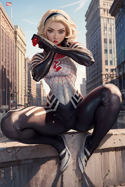 (Highly quality, masterpiece, detailed), city detailed scenario, city detailed background, solo, gwen, spider gwen, blonde hair, multi colored hair, short hair, hairband, 1woman, crop top, spider symbol on the center, gloves, navel, on top of a building, perfect face, beautiful eyes, look at the viewer, y pose