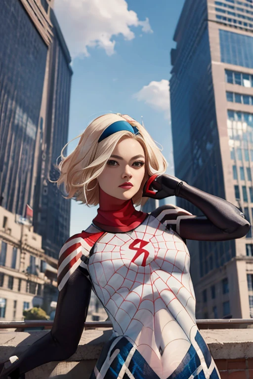 (Highly quality, masterpiece, detailed), city detailed scenario, city detailed background, solo, gwen, spider gwen, blonde hair, multi colored hair, short hair, hairband, 1woman, crop top, spider symbol on the center, gloves, navel, on top of a building, perfect face, beautiful eyes, look at the viewer, Sexy pose