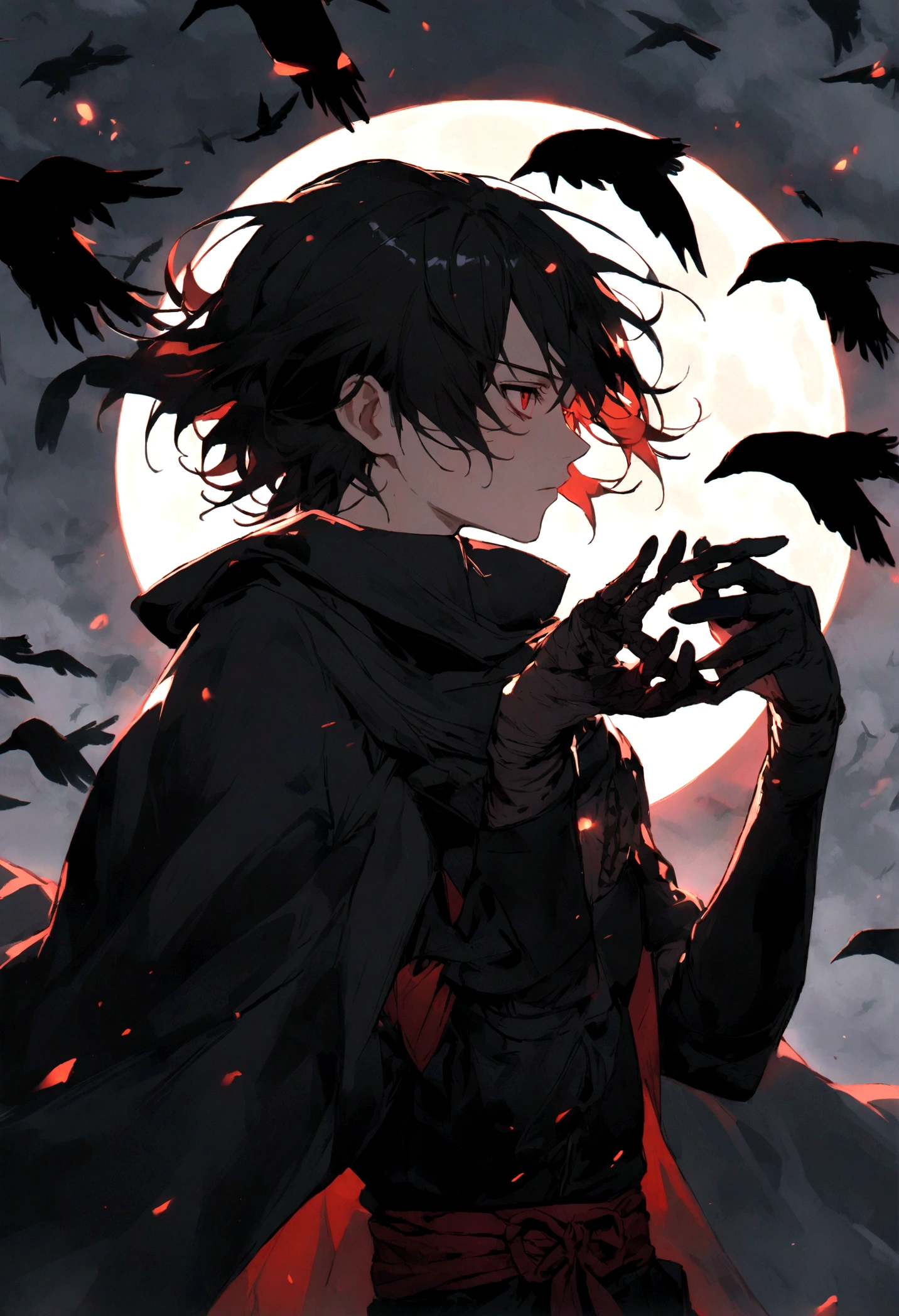 A young man wearing a black ninja outfit, short black hair, red eyes, a black cloak, a black sword in his hand, black crows flying around him. On the side is the moon, very red.
