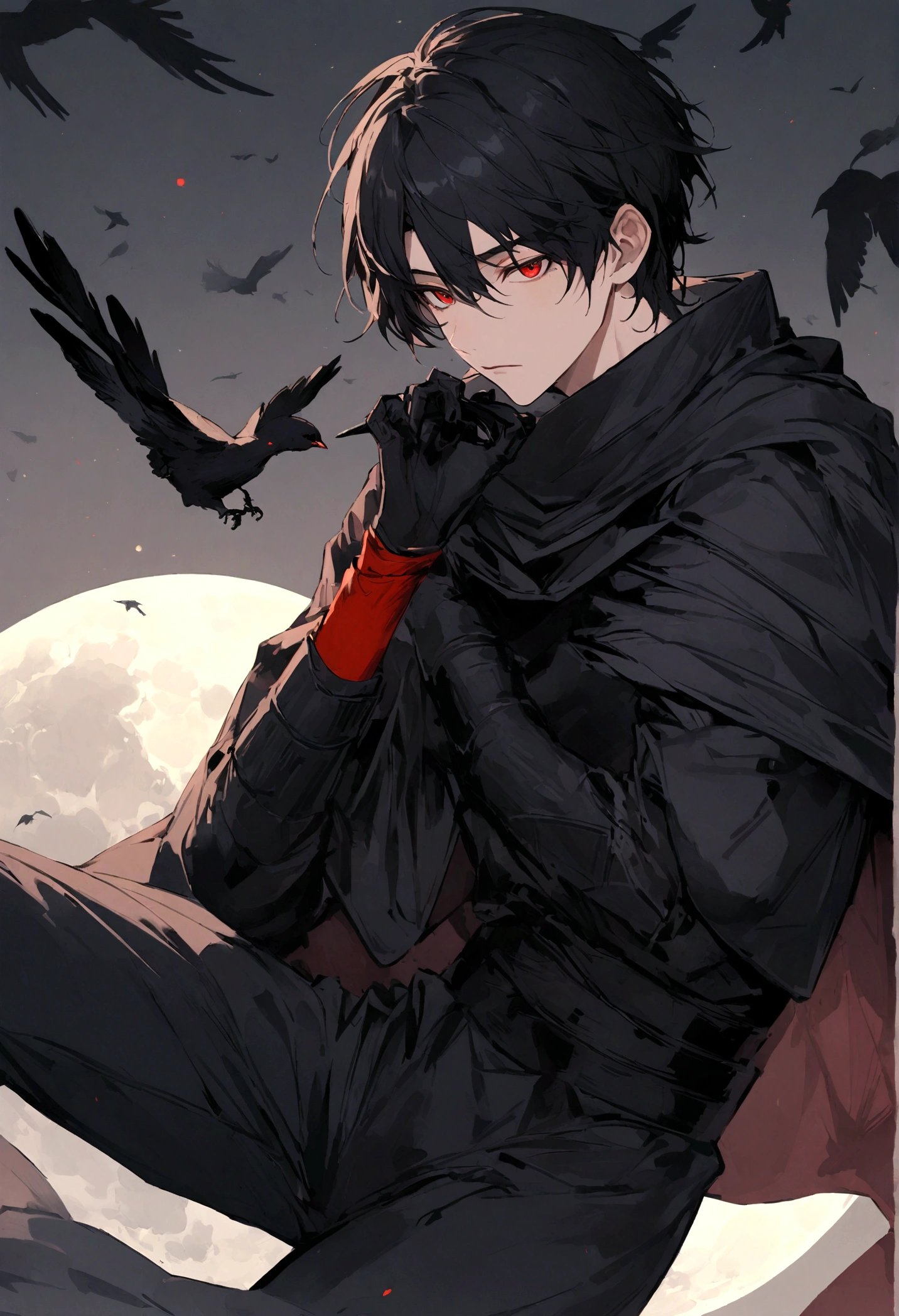 A young man wearing a black ninja outfit, short black hair, red eyes, a black cloak, a black sword in his hand, black crows flying around him. On the side is the moon, very red.
