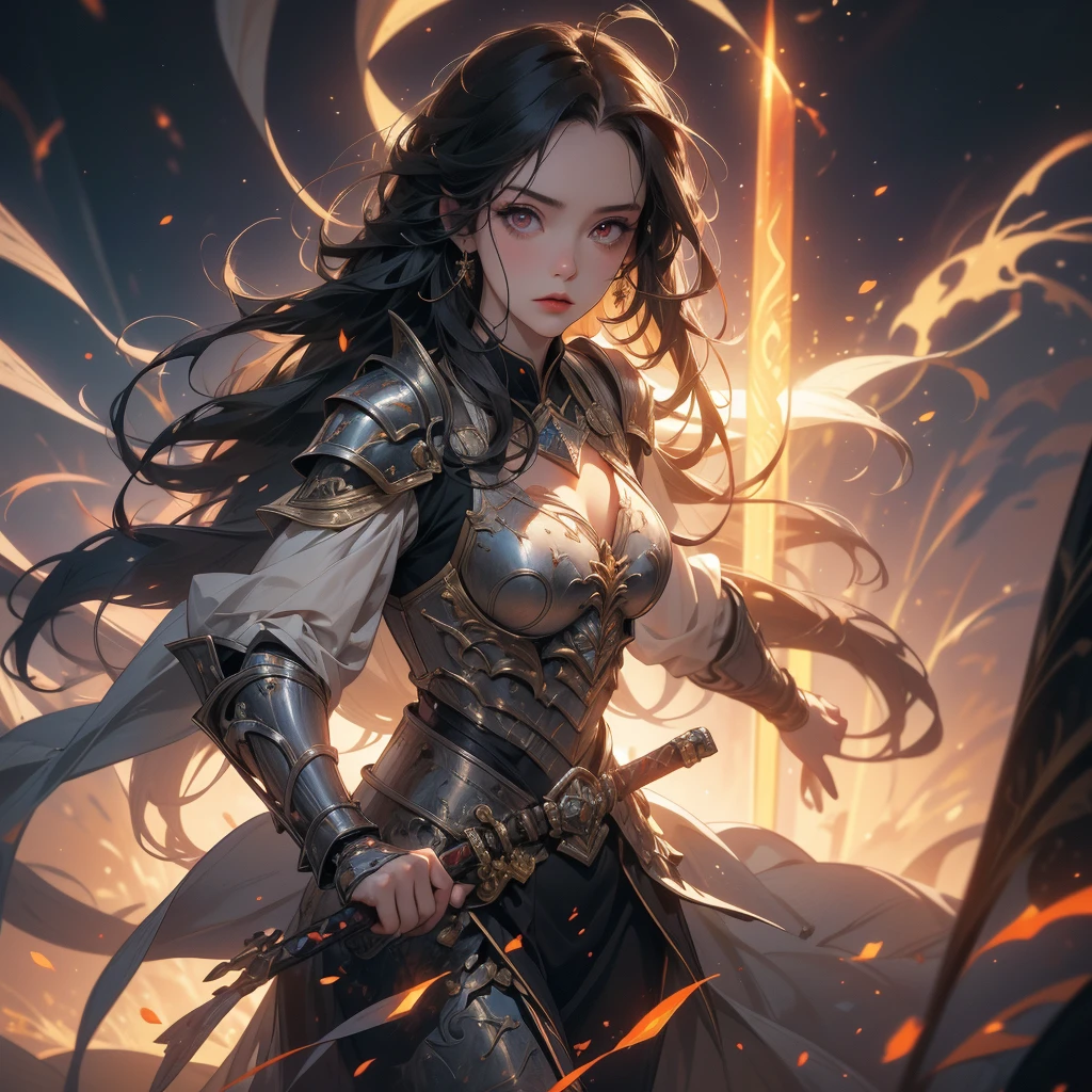 (((masterpiece, best quality, high detailed, 8k))) A breathtakingly beautiful warrior with long, flowing black hair and intense red eyes, wearing a magnificent black dragon armor. The armor is intricately detailed, featuring a dragon's head on one shoulder pauldron, scales, and claw motifs throughout. She wields a highly detailed, flaming sword. The scene is set in a cinematic fantasy environment with dramatic lighting. The atmosphere is filled with a mystical haze, illuminated by the glow of the flaming sword and ambient light reflecting off the armor's details. The ground is reflective, creating a mirrored effect that adds to the surreal, otherworldly ambiance. The background features ancient ruins partially engulfed in shadows, enhancing the sense of epic fantasy. Every element, from the warrior's armor to the environment, is rendered with extreme image quality and attention to detail.