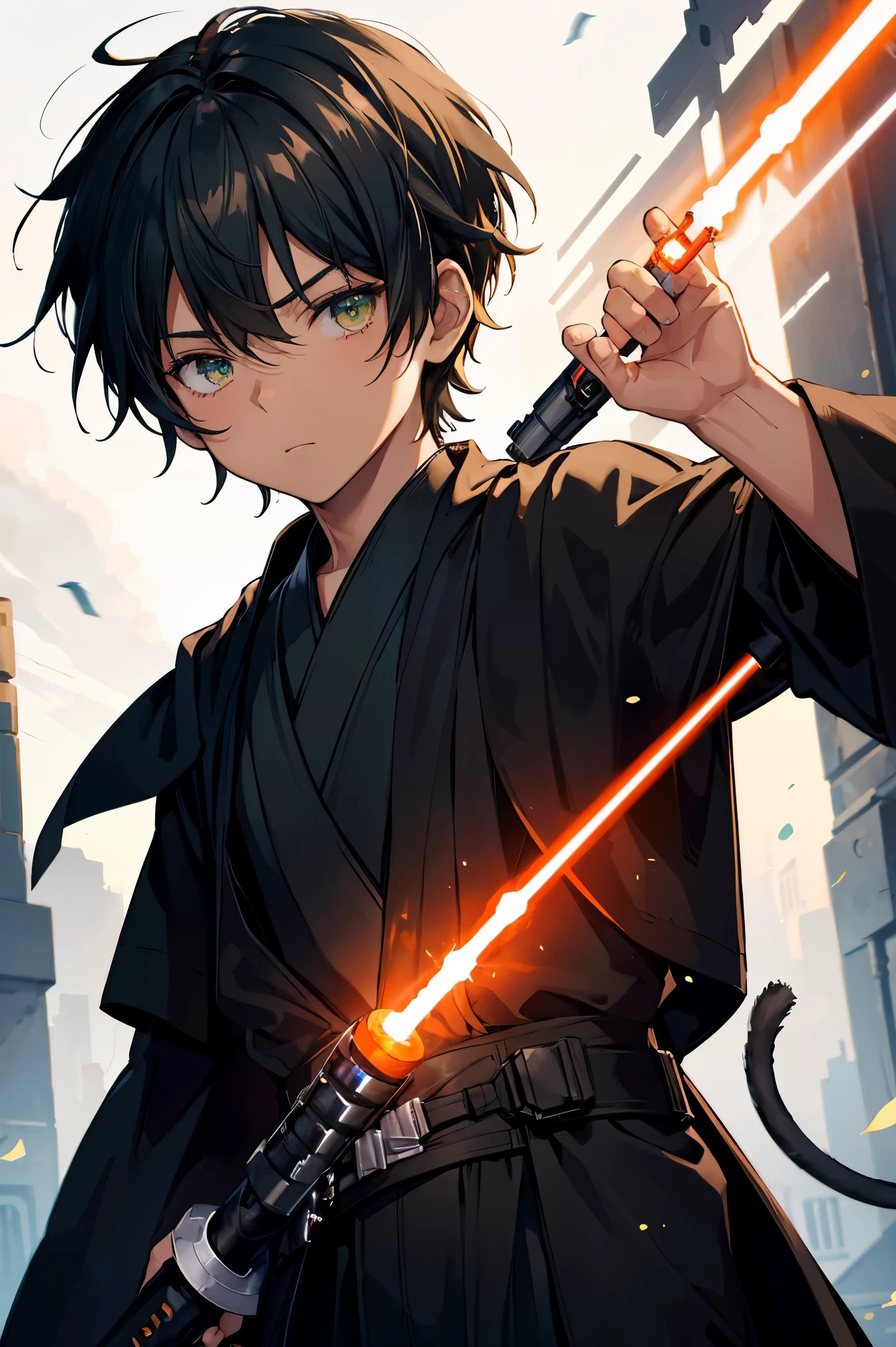 jedi boy, 1boy, black jedi robes, orange lightsaber blade, short hair, rat tail hair, brown skin, black hair, green eye color,