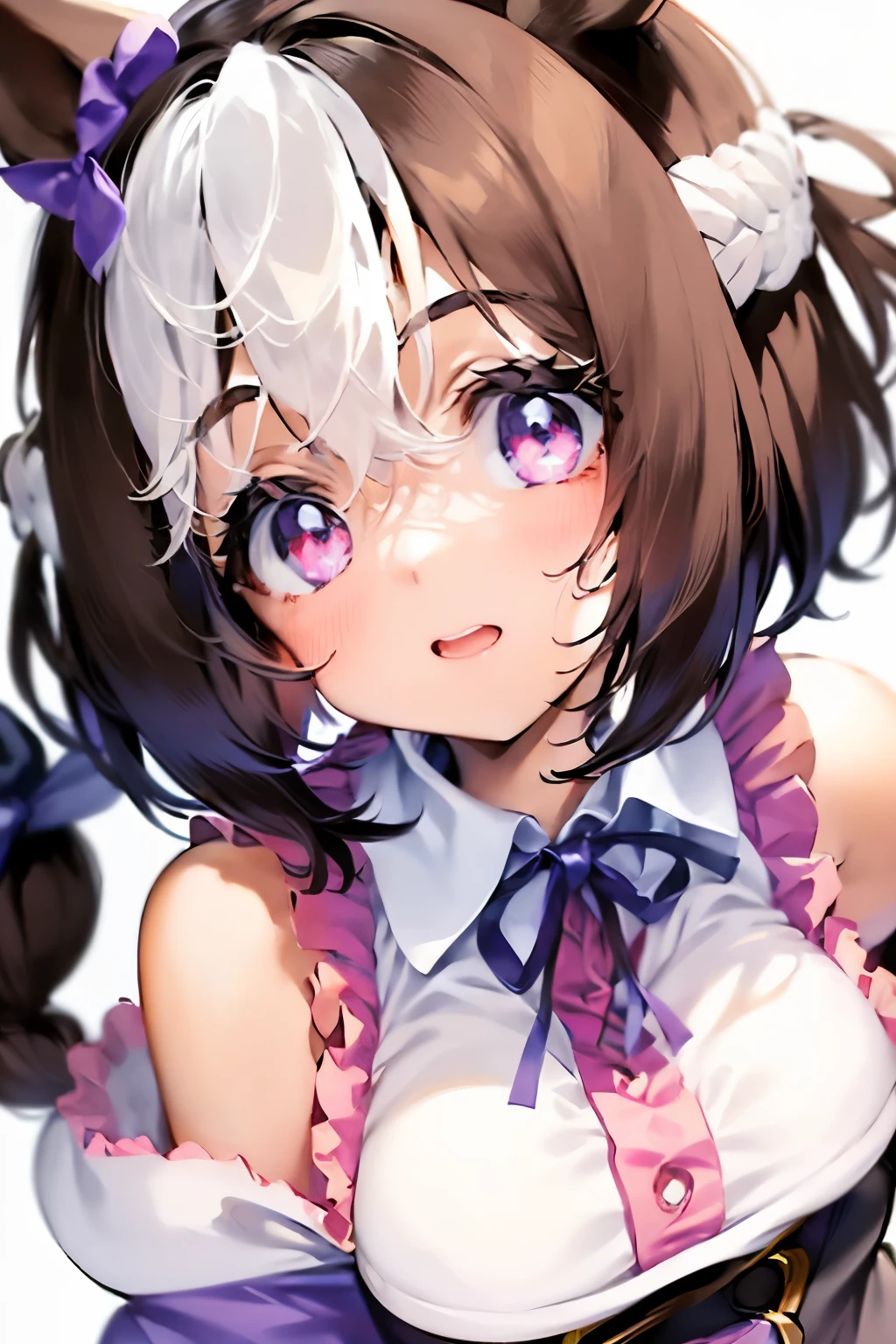 special_week_\(Umamusume)、bow ribbon、bow ribbon、bow ribbon、corsets、Fluffy breasts、nursing、toppless、teats、The upper part of the body、(Refers to the viewer:1.3)、Happiness、(White background:1.5)、(front-facing view:1.3)