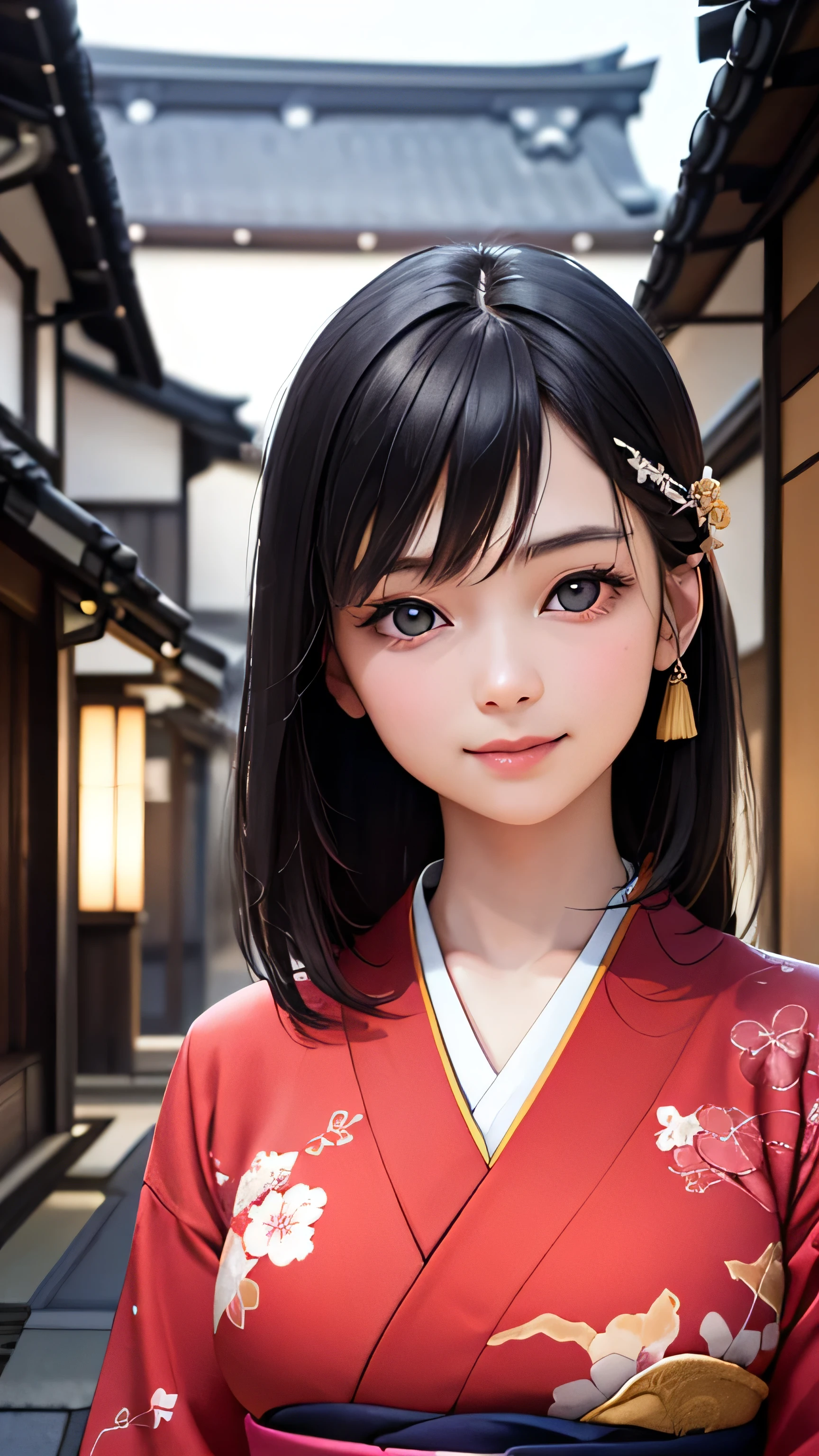 Professional Lighting,(Photorealistic:1.4), (Top image quality:1.0), (超A high resolution:1.0), 8k, Raw photography, (masterpiece:0.2), (Facing the children_v1:0.5)、(highest quality Detail:1.2)、Realistic、8K Ultra HD、High resolution、(1 girl:1.2)、Super detailed、High quality textures、Complex details、detailed、Very detailed CG、High quality shadows、detailed Beautiful and delicate face、Beautiful details and a delicate eye、(Symmetrical eyes:1.2),Written boundary depth、Ray Tracing,1 girl, Japanese Girls, (Natural smile:1.4),cute, thin, Portrait of a beautiful Japanese woman in a kimono, Standing elegantly on a street corner in Kyoto. Kimono with vibrant traditional patterns, Hair decorated with elegant and delicate hairpins, Gentle expression. (With the old streets of Kyoto in the background:1.4)、The soft light of a spring afternoon、Adding tranquility to the scene. Rendered in a Realistic style with great attention to detail, High resolution images.Sky Porn, Magic Hour, (Realistic:1.3), finely, quality, (Tabletop:1.2), (Realistic:1.2), (highest quality), (Complex details), dramatic, Ray Tracing, photograph, +roller