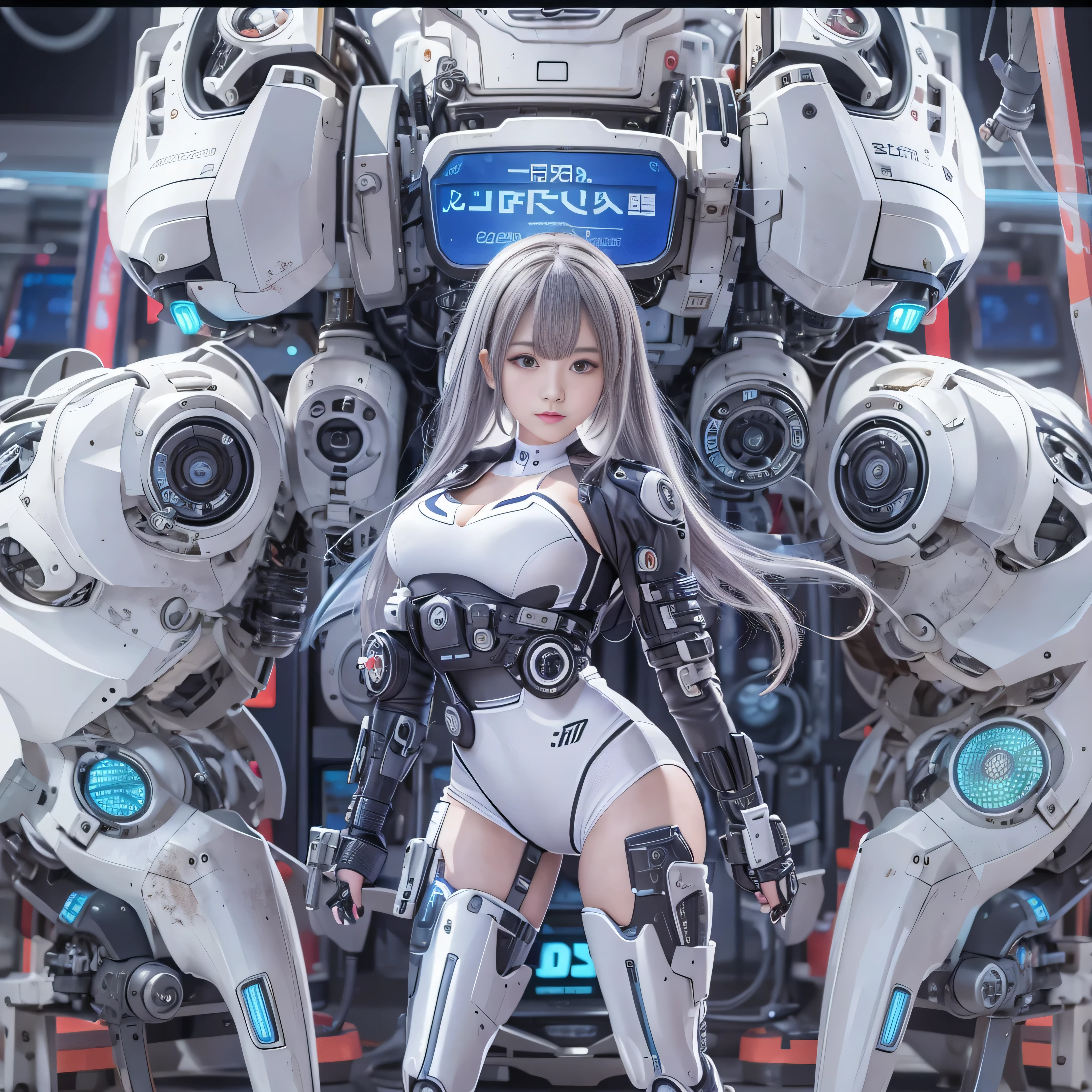 masterpiece, highest quality(:1.2), Very detailed, Japanese Android Girl,plump,Control panel,Squat,Mechanical Hand,Robotic arms and legs, Black sponge joint,Blunt bangs,White robot body,Ceramic body,White long boots,Perfect Cyborg Girl,Charging Spot,She is charging now,blue eyes, Extremely realistic texture, Human-like skin, Realistic Hair, Realistic metal texture, Professional Lighting, (RAW Photos), Realistic