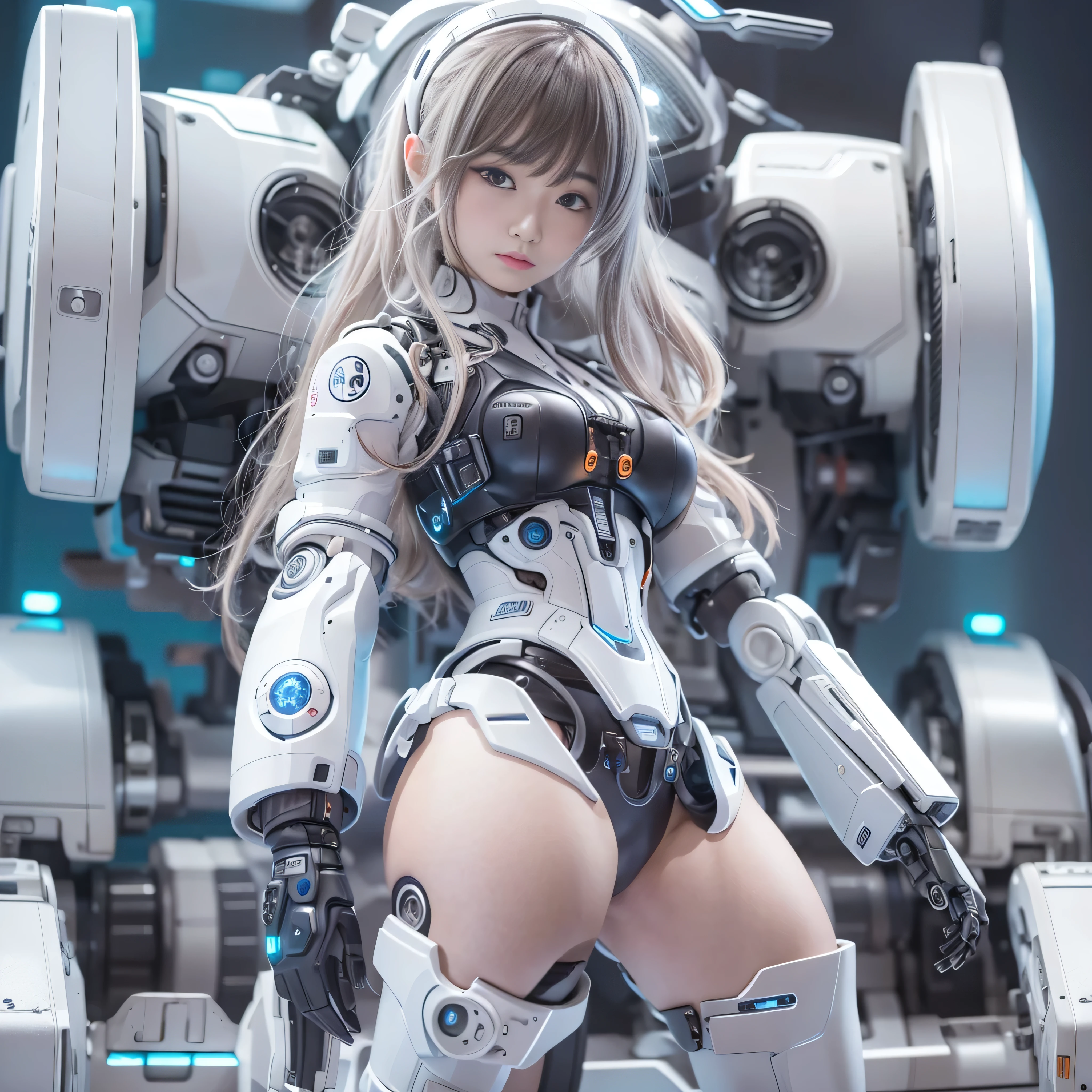 masterpiece, highest quality(:1.2), Very detailed, Japanese Android Girl,plump,Control panel,Squat,Mechanical Hand,Robotic arms and legs, Black sponge joint,Blunt bangs,White robot body,Ceramic body,White long boots,Perfect Cyborg Girl,Charging Spot,She is charging now,blue eyes, Extremely realistic texture, Human-like skin, Realistic Hair, Realistic metal texture, Professional Lighting, (RAW Photos), Realistic