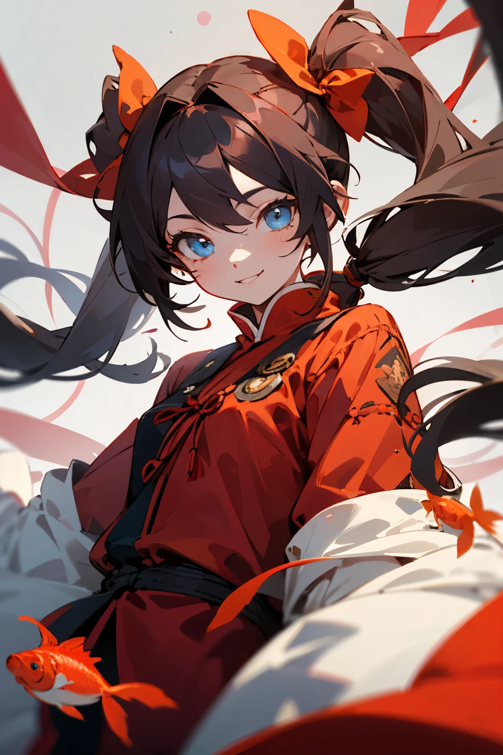 Young girl with Fair skin and blue eyes, with dots below her eyes, with long dark hair tied Into twin tails by red strings. Wearing red clothing and goldfish asthetic. Red clothes, mischiveous smile