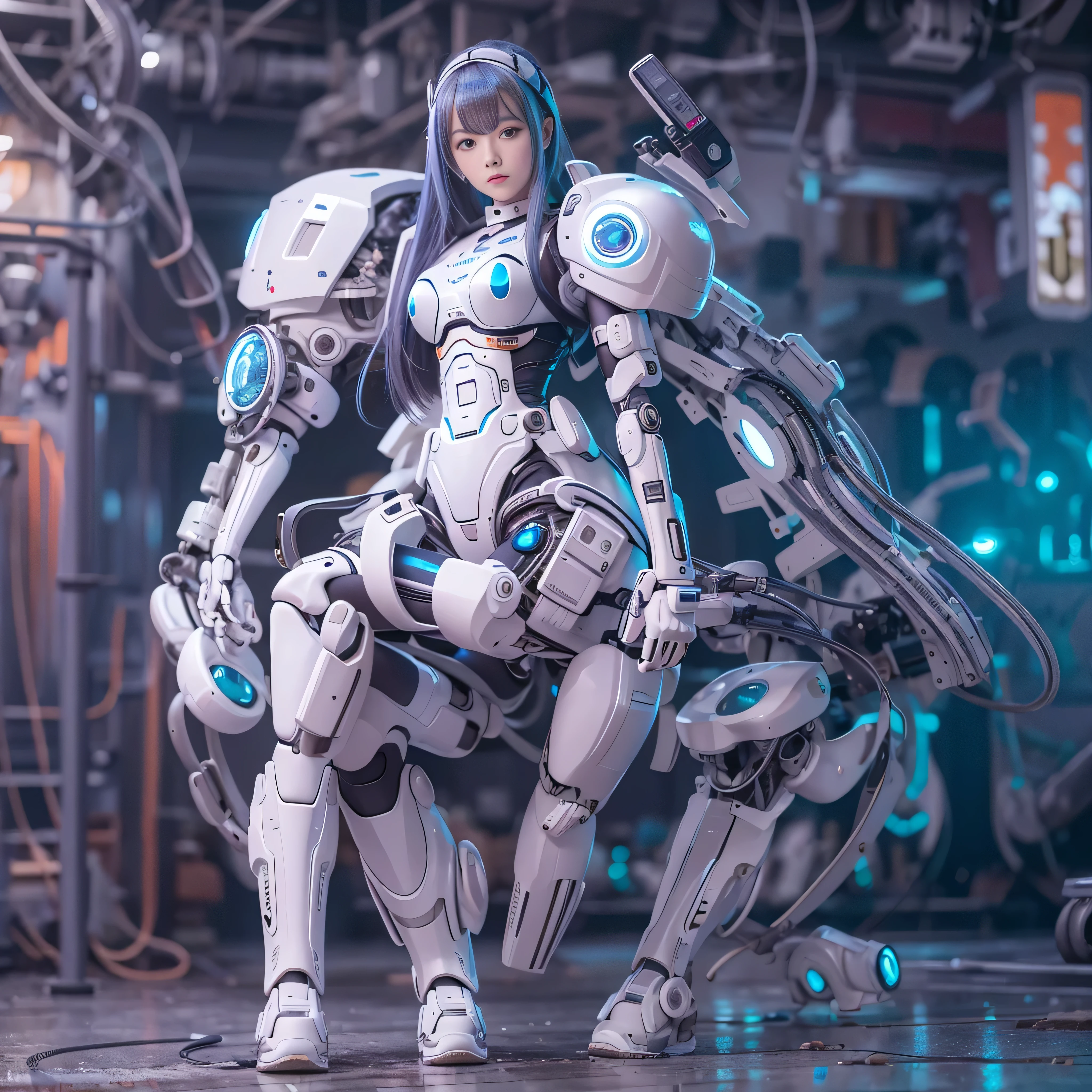masterpiece, highest quality(:1.2), Very detailed, Japanese Android Girl,plump,Control panel,Squat,Mechanical Hand,Robotic arms and legs, Black sponge joint,Blunt bangs,White robot body,Ceramic body,White long boots,Perfect Cyborg Girl,Charging Spot,She is charging now,blue eyes, Extremely realistic texture, Human-like skin, Realistic Hair, Realistic metal texture, Professional Lighting, (RAW Photos), Realistic