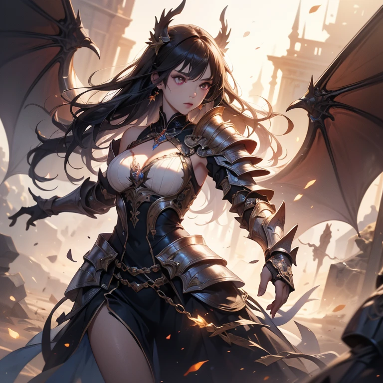 (((masterpiece, best quality, high detailed, 8k))) A breathtakingly beautiful warrior with long, flowing black hair and intense red eyes, wearing a magnificent black dragon armor. The armor is intricately detailed, featuring a dragon's head on one shoulder pauldron, scales, and claw motifs throughout. She wields a highly detailed, flaming sword. The scene is set in a cinematic fantasy environment with dramatic lighting. The atmosphere is filled with a mystical haze, illuminated by the glow of the flaming sword and ambient light reflecting off the armor's details. The ground is reflective, creating a mirrored effect that adds to the surreal, otherworldly ambiance. The background features ancient ruins partially engulfed in shadows, enhancing the sense of epic fantasy. Every element, from the warrior's armor to the environment, is rendered with extreme image quality and attention to detail.