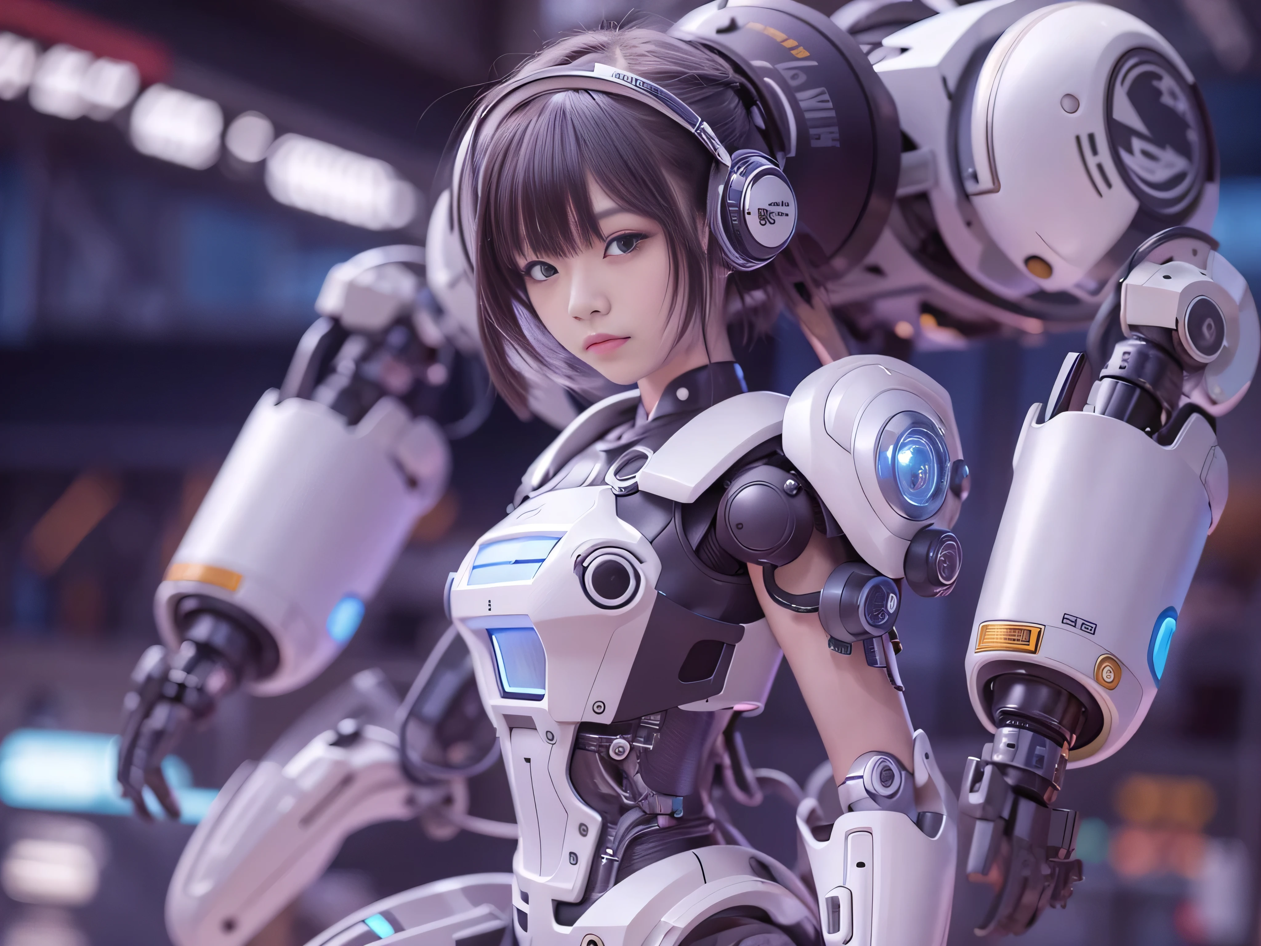 masterpiece, highest quality(:1.2), Very detailed, Japanese Android Girl,plump,Control panel,Squat,Mechanical Hand,Robotic arms and legs, Black sponge joint,Blunt bangs,White robot body,Ceramic body,White long boots,Perfect Cyborg Girl,Charging Spot,She is charging now,blue eyes, Extremely realistic texture, Human-like skin, Realistic Hair, Realistic metal texture, Professional Lighting, (RAW Photos), Realistic