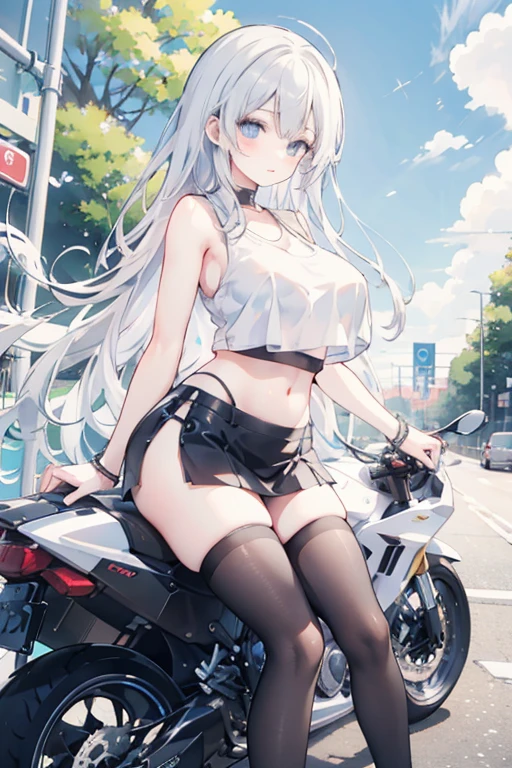 creates a 19-year-old anime girl riding a motorcycle with wide hips and big breasts wearing a black miniskirt and a white tank top with black stockings and with silver hair and blue eyes and a landscape of a highway with trees around it.