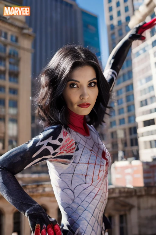 (Highly quality, masterpiece, detailed), city detailed scenario, city detailed background, solo, gwen, spider gwen, blonde hair, multi colored hair, short hair, hairband, 1woman, crop top, spider symbol on the center, gloves, navel, on top of a building, perfect face, beautiful eyes, look at the viewer, Sexy pose