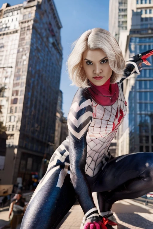 (Highly quality, masterpiece, detailed), city detailed scenario, city detailed background, solo, gwen, spider gwen, blonde hair, multi colored hair, short hair, hairband, 1woman, crop top, spider symbol on the center, gloves, navel, on top of a building, perfect face, beautiful eyes, look at the viewer, Sexy pose