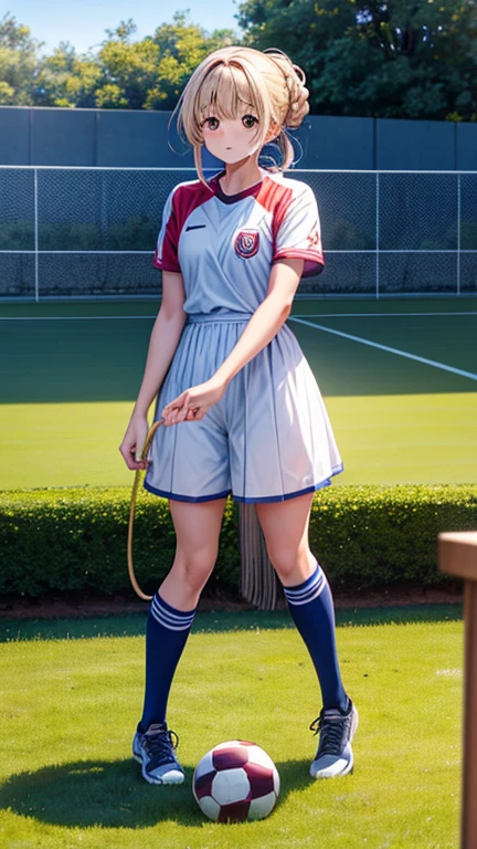 Mahiru shiina, cabello flotante, rubor claro, durante un partido, sudar, medio updo, cola de caballo doblada, al aire libre, Project a wide area, futebol, patear una pelota, Kicking a soccer ball, anime, Anime style, 4k, piel texturizada, Super detail, La mejor calidad, Galardonado, solamente,