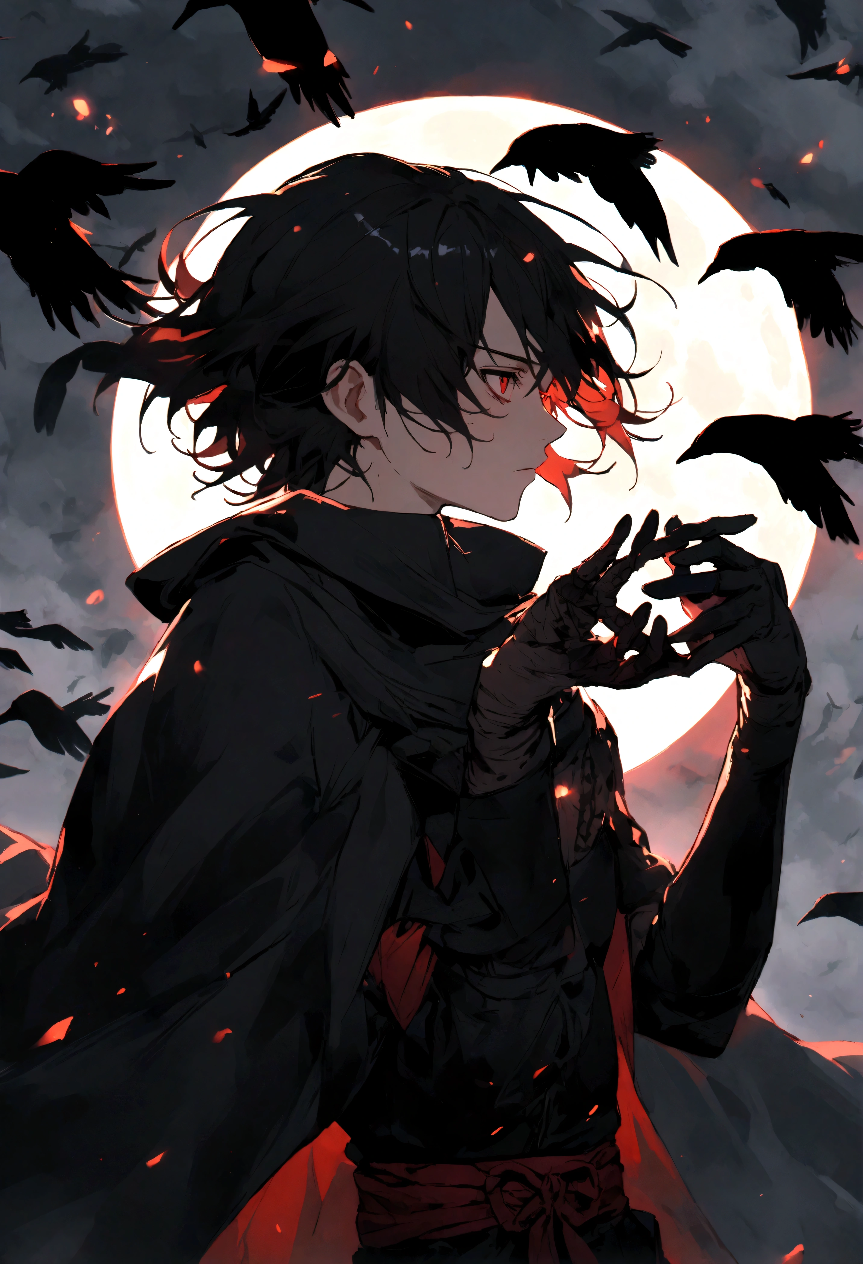 A young man wearing a black ninja outfit, short black hair, red eyes, a black cloak, a black sword in his hand, black crows flying around him. On the side is the moon, very red.