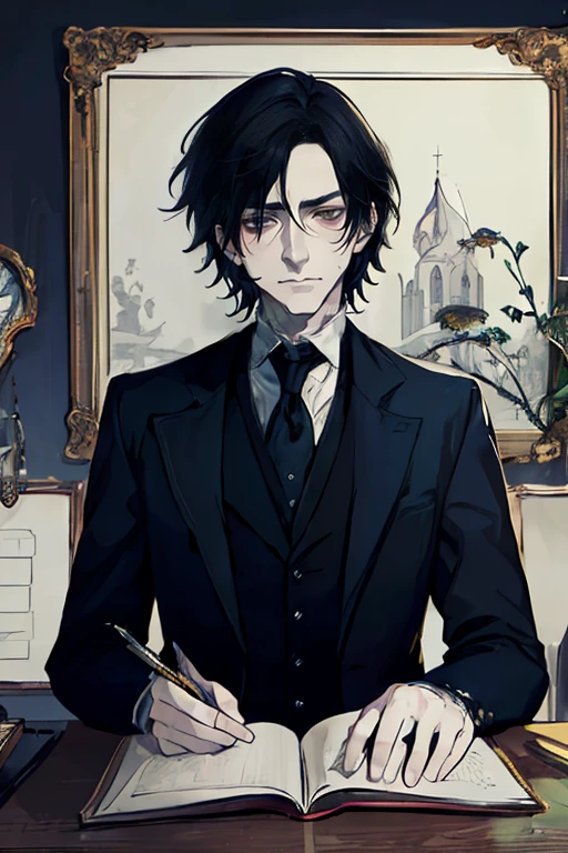 Severus snape, sitting at desk, open books on desk, looking at viewer, annoyed look, handsome, slight blush, potion bottles in background