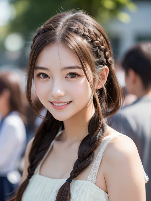 masterpiece, highest quality, 8k, People who are bad at organizing, (whole body:1.4), beautiful girl, Pretty face, Looking at the audience, smile, Ultra-realistic, High resolution, beautiful photo, Sharp focus, High resolution, Face Light, Dynamic Lighting, Cinema Lighting, Professional Shadow, Best details, Very detailed, Very detailed, Fine details, Real Skin, Delicate features, Detailed face and eyes, Sharp pupils、 (((Braiding))) 後ろ向き 自然なsmile Smiling with teeth showing. turn around. Body lines are clearly visible. (((Dress like AKB))) classroom