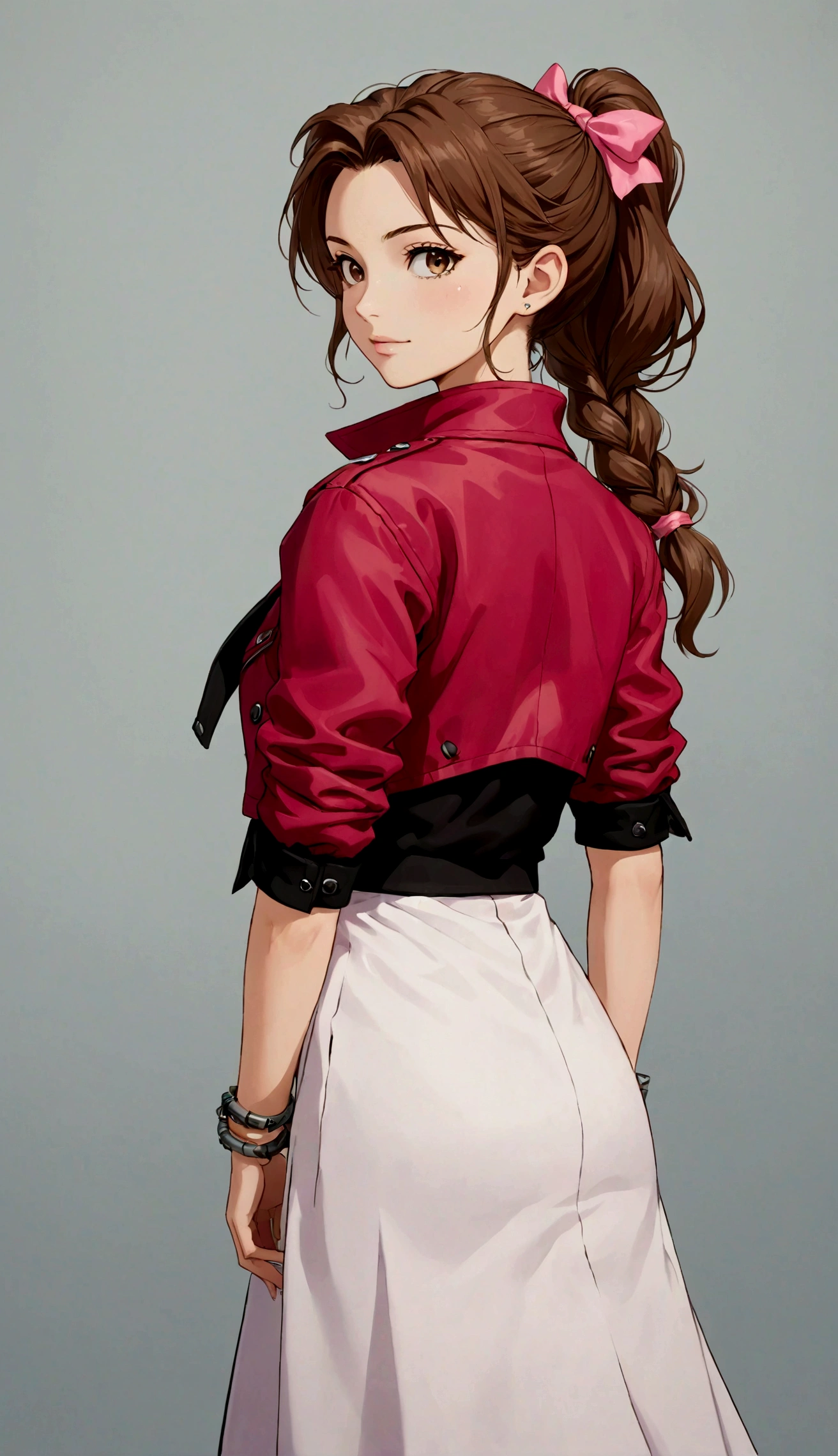 1 girl,Ponytail,bracelet,braid,braidPonytail,Brown hair,裁剪jacket,dress,jacket,Long skirt,Long hair,Pink bow,白色dress,红色jacket,solo,Aerith Gainsborough