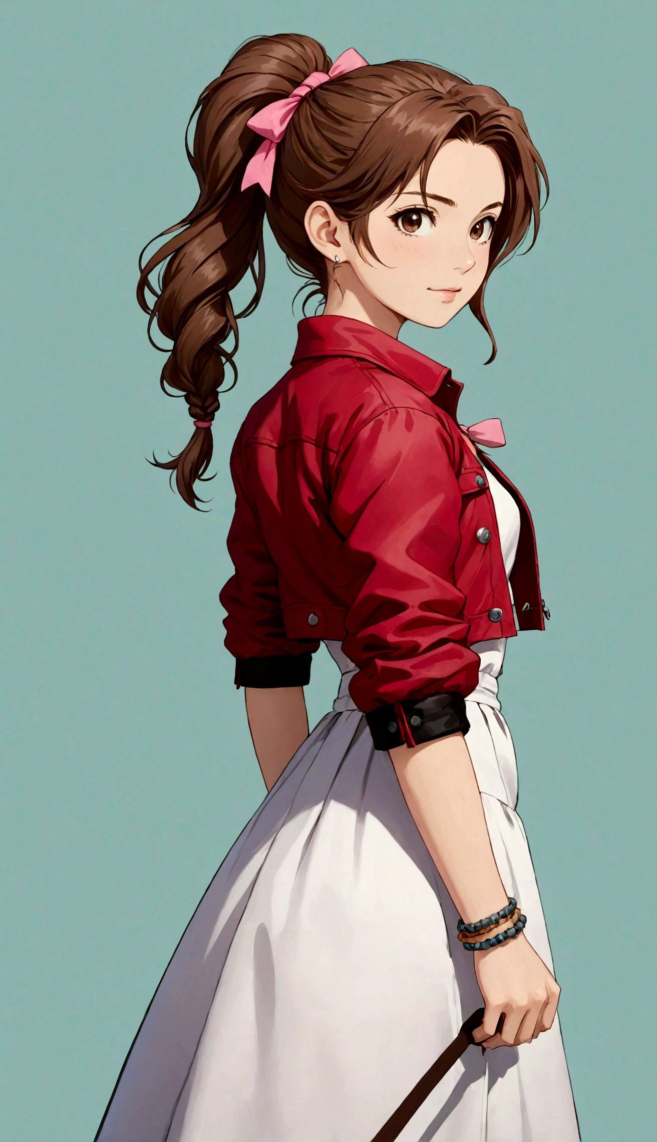 1 girl,Ponytail,bracelet,braid,braidPonytail,Brown hair,裁剪jacket,dress,jacket,Long skirt,Long hair,Pink bow,白色dress,红色jacket,solo,Aerith Gainsborough