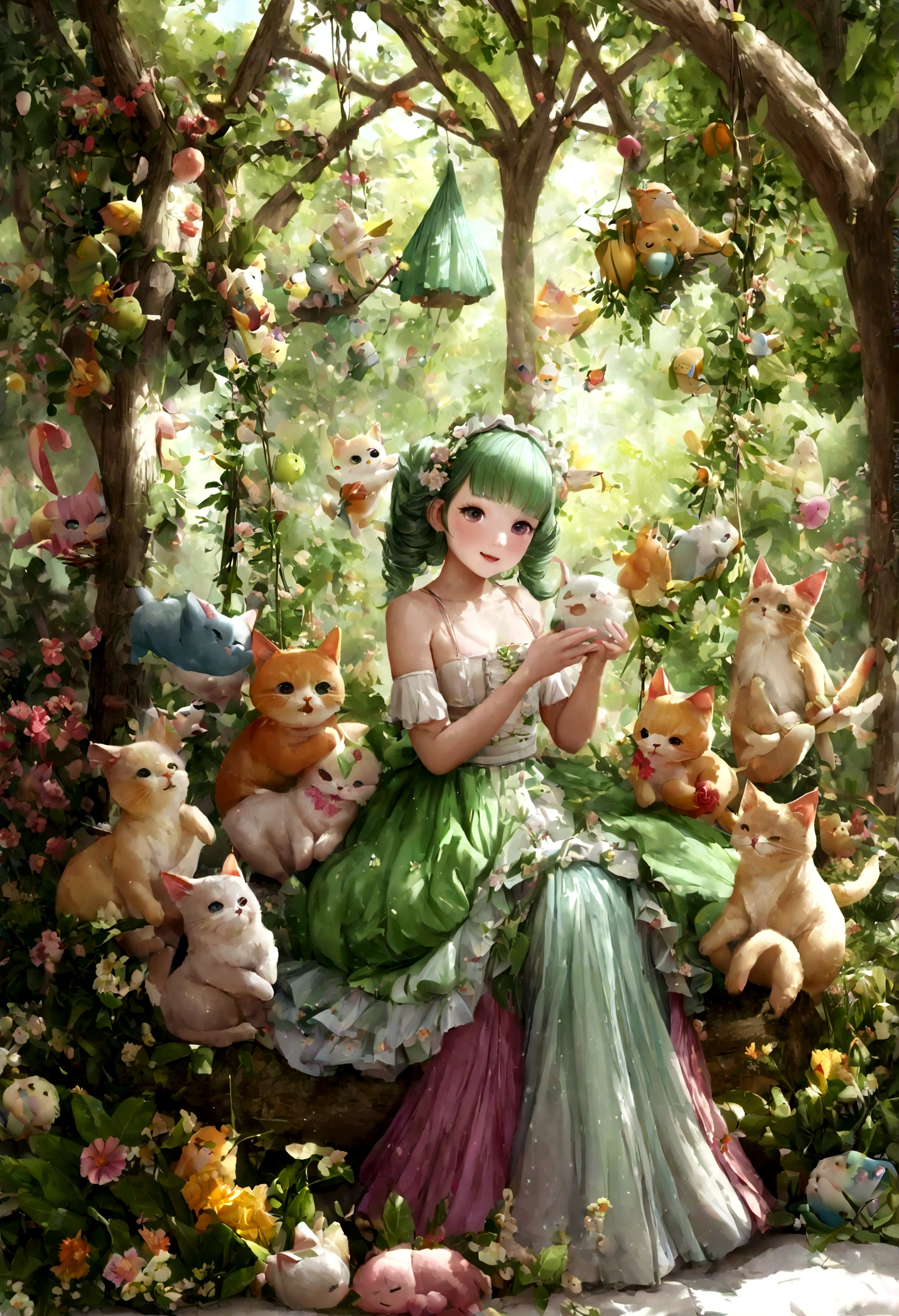 (lindo:1.1,rosa:1.1,aesthetic:1.2),whimsical fantasy land,Grande, [colores pasteles], [soft lighting], [dream atmosphere], [Nubes esponjosas], [globos de colores], [estrellas brillantes], [lush vegetation], [hongos gigantes], [Rolling Hills], [mariposas], [conejos conejos], [Laughing fairies], [Cascadas que fluyen], [Arco iris resplandeciente], [laughing girls], [contemplando el atardecer], [Luces parpadeantes], [flores delicadas], [castillo encantado], [criaturas magicas], [unicornios riendo], [birds singing], [Elefantes bailarines], [luxury tea party], [cielo lleno de dulces], [burbujas flotantes], [Deliciosos dulces], [gatitos juguetones], [Whispering trees], [magic swings], [rincones sentimentales ocultos], [piruletas gigantes], [smiling fonts], (realista,photorealista:1.37), (mejor calidad,4k,8K,high resolution,obra maestra:1.2)