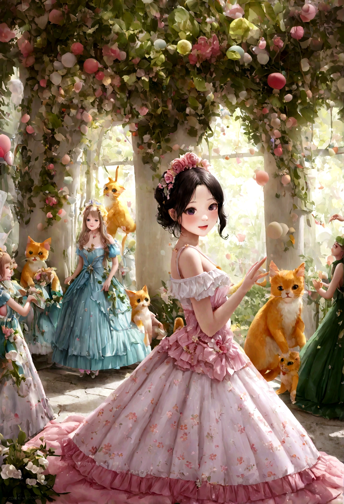 (lindo:1.1,rosa:1.1,aesthetic:1.2),whimsical fantasy land,Grande, [colores pasteles], [soft lighting], [dream atmosphere], [Nubes esponjosas], [globos de colores], [estrellas brillantes], [lush vegetation], [hongos gigantes], [Rolling Hills], [mariposas], [conejos conejos], [Laughing fairies], [Cascadas que fluyen], [Arco iris resplandeciente], [laughing girls], [contemplando el atardecer], [Luces parpadeantes], [flores delicadas], [castillo encantado], [criaturas magicas], [unicornios riendo], [birds singing], [Elefantes bailarines], [luxury tea party], [cielo lleno de dulces], [burbujas flotantes], [Deliciosos dulces], [gatitos juguetones], [Whispering trees], [magic swings], [rincones sentimentales ocultos], [piruletas gigantes], [smiling fonts], (realista,photorealista:1.37), (mejor calidad,4k,8K,high resolution,obra maestra:1.2)