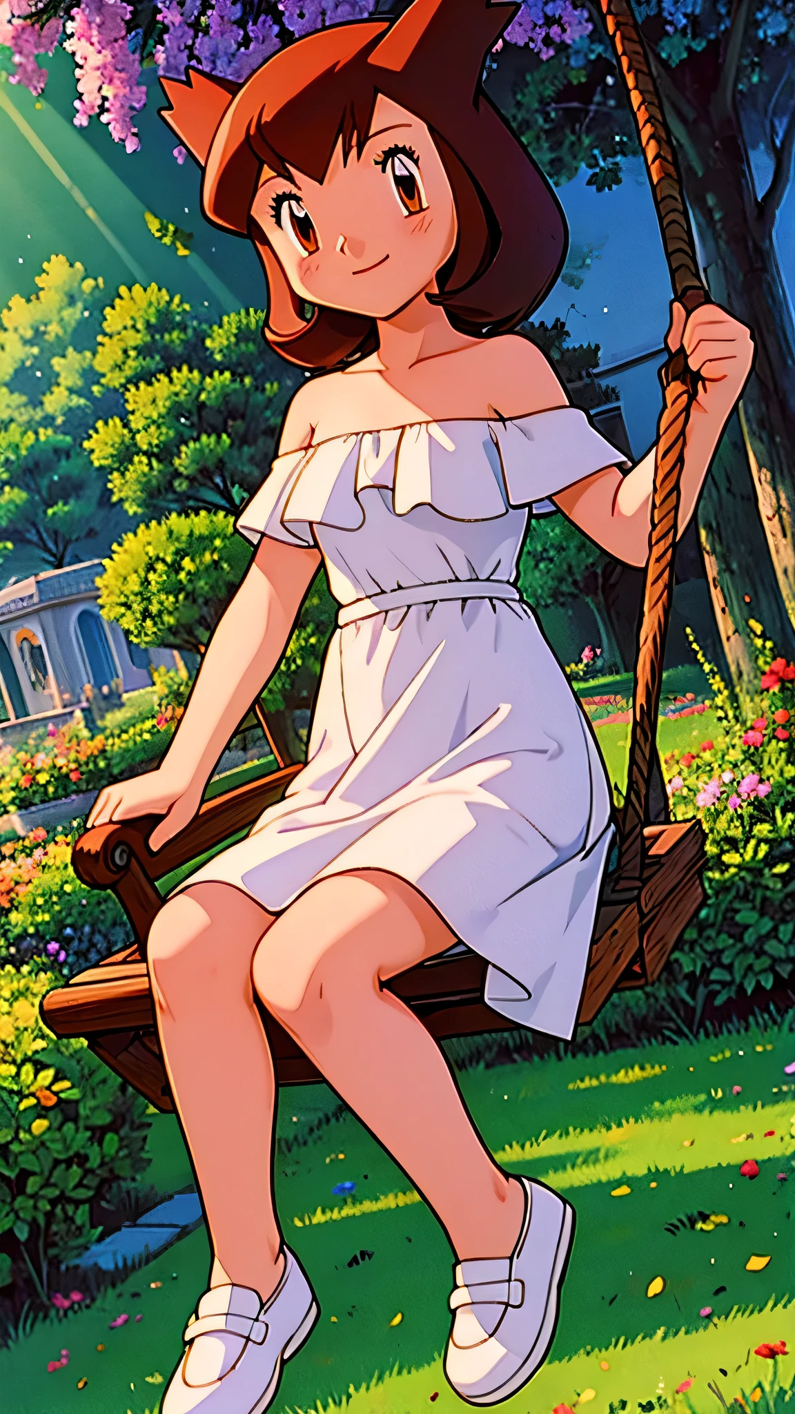 masterpiece, best quality, ultra-detailed, illustration, beautiful detailed eyes, very detailed illustration, cinematic lighting, 1 girl, solo, Pokemon Heroes (Bianca), Brown Hair, brown eyes, 1 girl, solo, bare shoulders, strapless, off shoulders, ruffle off the shoulder top, white maxi dress, intricate details, sharp focus, high resolution, evening light, purple sundown, garden and forest, sitting and swinging on a swing, cowboy shot, white shoes, swimming pool, full body, light smile
