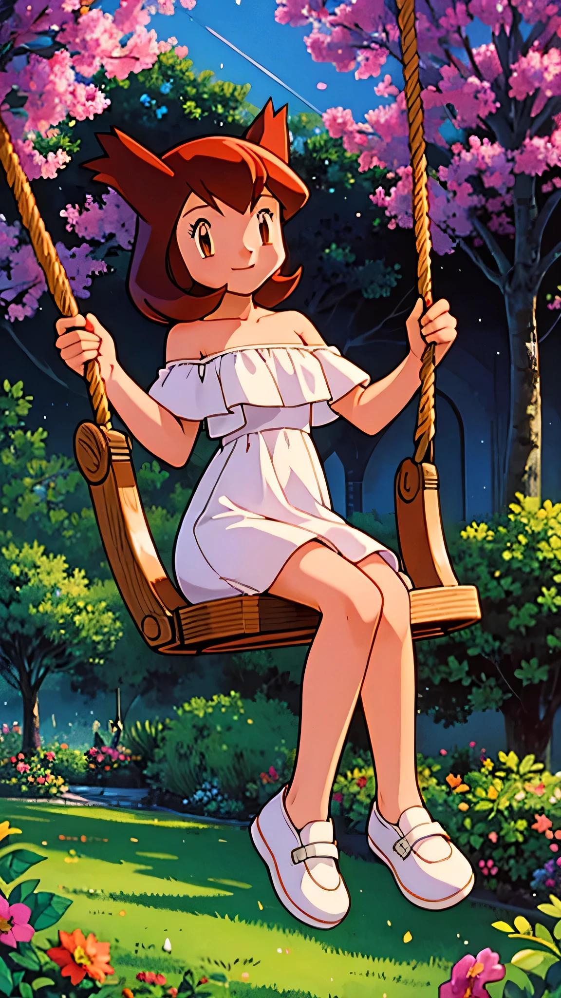 masterpiece, best quality, ultra-detailed, illustration, beautiful detailed eyes, very detailed illustration, cinematic lighting, 1 girl, solo, Pokemon Heroes (Bianca), Brown Hair, brown eyes, 1 girl, solo, bare shoulders, strapless, off shoulders, ruffle off the shoulder top, white maxi dress, intricate details, sharp focus, high resolution, evening light, purple sundown, garden and forest, sitting and swinging on a swing, cowboy shot, white shoes, swimming pool, full body, light smile