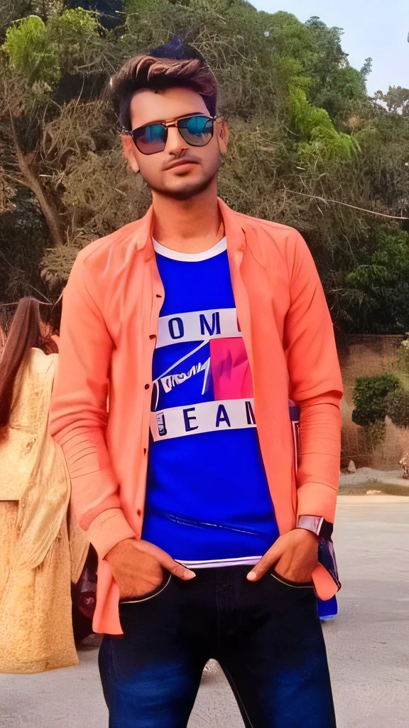 araffe man in a blue shirt and orange jacket standing on a street, mohamed chahin style, riyahd cassiem, mohamed chahin, full body picture, candid picture, inspired by Saurabh Jethani, profile photo, colour splash , portait photo profile picture, around 1 , with accurate face, profile pic