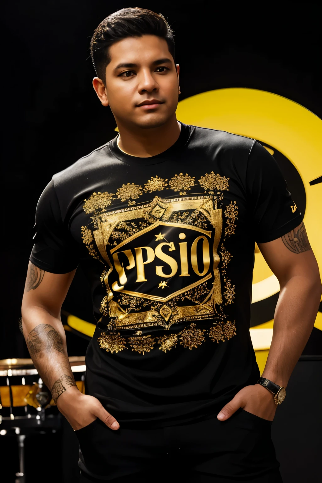 Singer logo that says LUIS ESPEJO in black and gold that is inspired by vallenato music