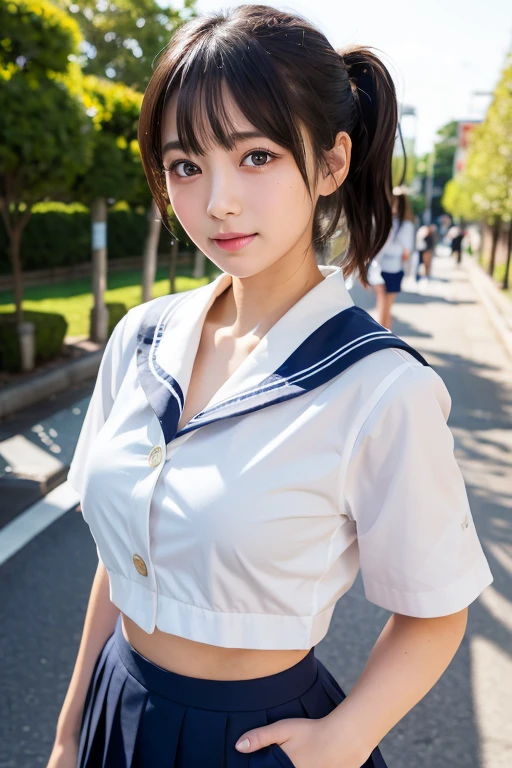 (RAW Photos: 1.2), (Realistic: 1.4), Beautiful detailed girl, Very detailed eyes and face, Beautiful and beautiful eyes, Large file size, Very detailed, High resolution, Very detailed, highest quality, masterpiece i, ((Japanese girl)), (Beautiful Realistic Asian), alone, 1 girl, (Japanese High School Sailor Uniform, perfection), (perfection Anatomy, Beautiful body, Healthy Body, Beautiful Skin), sunny day, Black Hair, short hair, Iris, shape, Very detailedな, CG, uniform, 8k wallpaper, wonderful, Fine details, masterpiece, highest quality, Very detailedな CG uniform 8k wallpaper, the light shines on your face, Cinema Lighting, 1 girl,Japanese, Japanese girl, Japanese woman, Neat and clean high school girl, A neat and clean female college student, 1 girl, (Japanese girls' high school sailor suit, perfection), (Japanese Girls' High School Blazer, perfection), skirt, (perfection Anatomy, Beautiful body, Healthy Body, Beautiful Skin), sunny day, Black Hair, short hair, Long Hair, ponytail, Iris , On the way home, Small breasts, Flat Chest, 22 years old, On the way to school, artistic., Beautiful woman, Beautiful Body, Laughter, ((Full body image)),White bra,White lace panties,