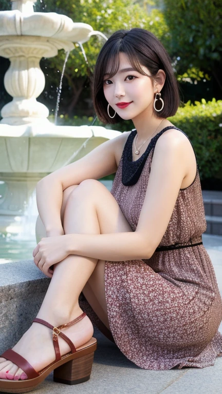 (8k, Photorealistic, Raw photo, Highest quality: 1.4),Japanese idol style１Beautiful girl of the person,18-year-old,Short bob hairstyle,Natural Waves,Silver Hair,She has her hair tucked behind her ears,She has small earrings in her ears,Big, clear grey eyes,Long eyelashes,Plump Cheeks,She is wearing pale pink lipstick.,Apply gloss over your lipstick for glossy, plump lips,Smiling,A short pendant is hanging around her neck.,The nails on both hands are painted with light pink nail polish.,Both toenails have red nail polish,(She is wearing a sleeveless floral dress,(Dark colored base :1.4),(Long length :1.2)),wearing sandals on bare feet,sitting on a bench in front of a park fountain,Full body portrait