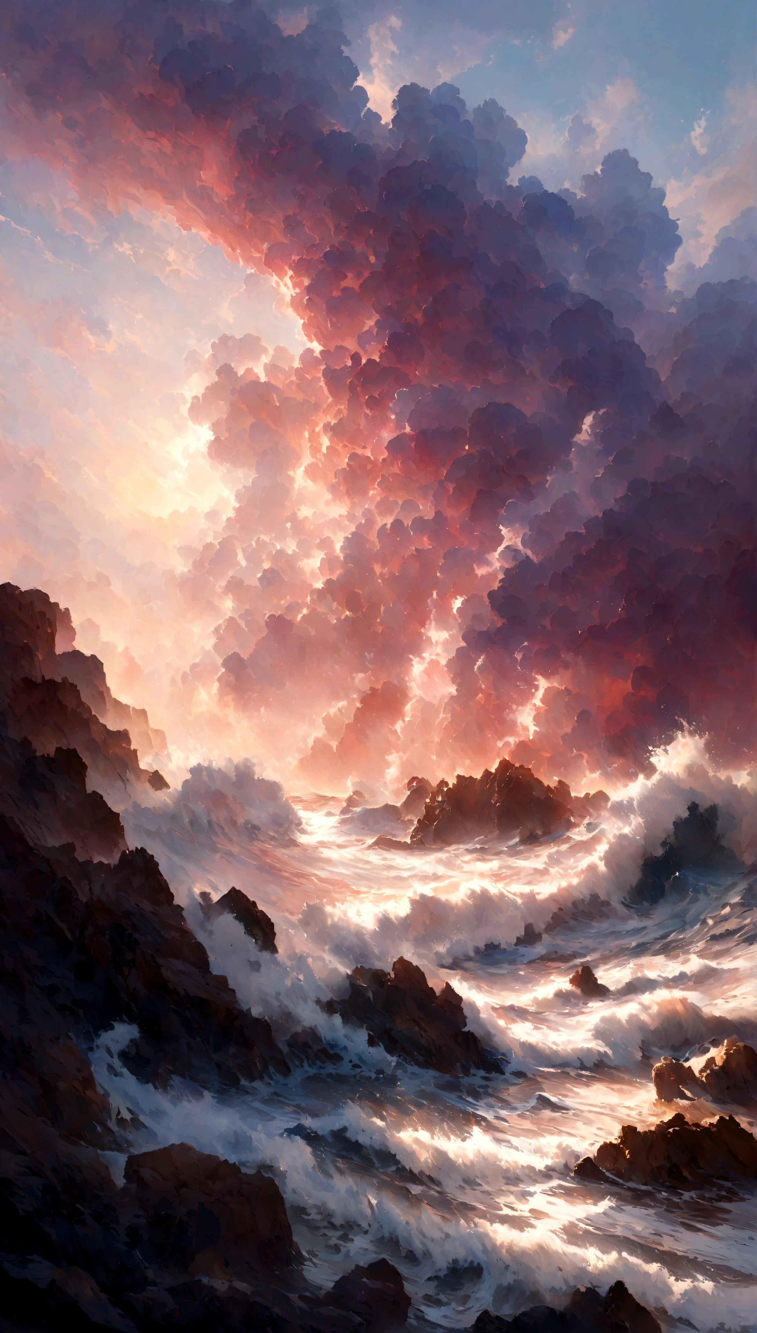 A vibrant seascape scene capturing the raw power of the ocean with waves crashing dramatically upon rugged reefs. Cloudy twilight sky with purple and pink nuances. Realistic sea waters and rock formations. Expressionist light and shadow. Hyperrealistic oil on canvas. Detailed, intricate artwork.