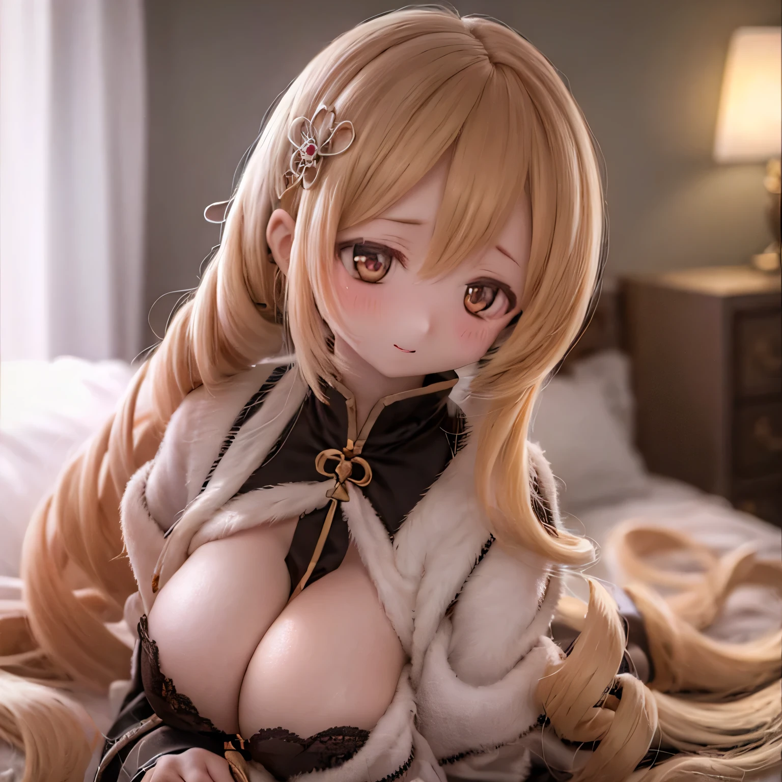 detailed, Beautiful woman with expressive eyes, Perfect Face, Pink Long Hair, Golden Eyes, Pink Lips, Attention to detail, Anime Style, Bright colors, cute, Thick and sensual lips, Curvaceous and sensual body, Lie in bed blushing (nude)Vアームgigantic breast