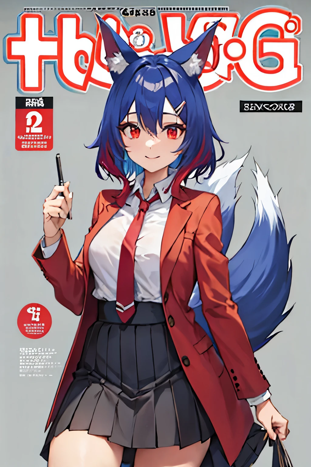 Firefox-Skollie, red eyes, fox girl, multiple tails, multicolored hair, 1girl, hairclip, solo, light smile, small breasts, looking at viewer,
, pleated skirt, necktie, open jacket, magazine cover, simple background,
(masterpiece:1.1), (best quality:1.1), (ultra-detailed:1.1), (illustration:1.1),