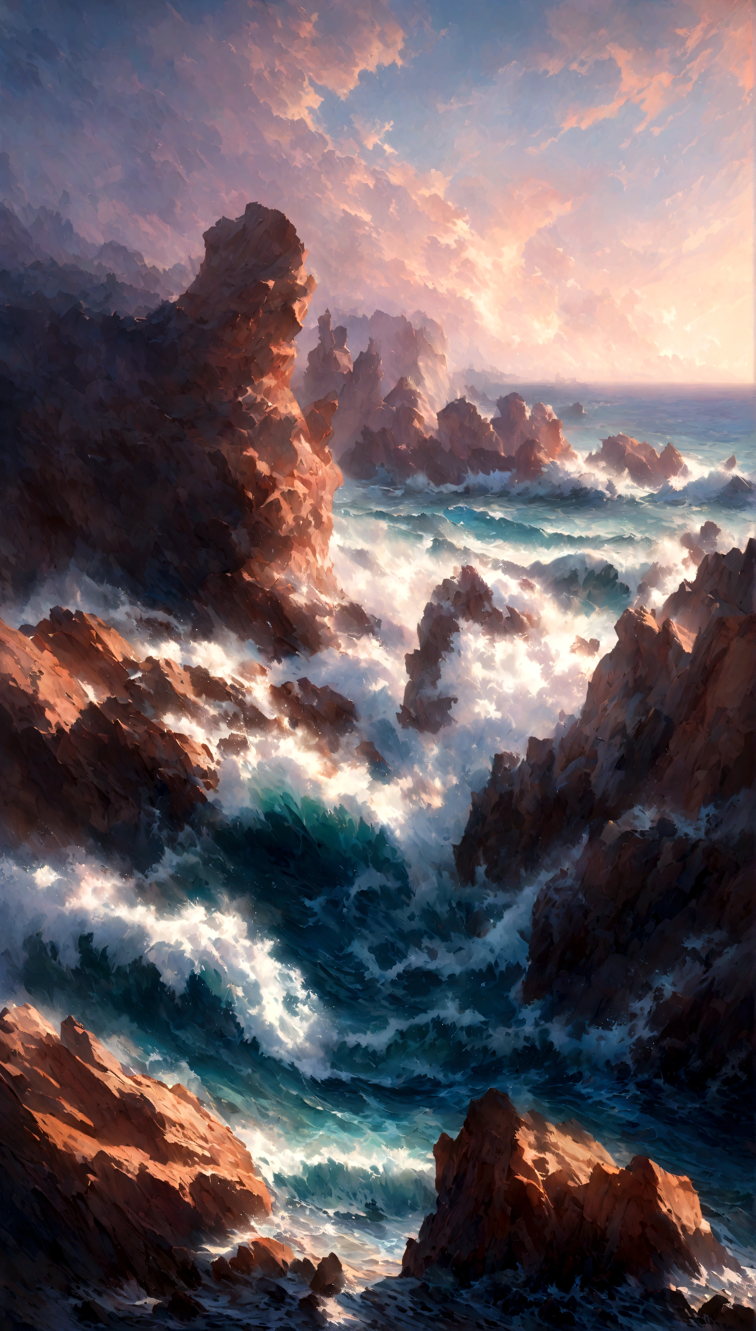 A vibrant seascape scene capturing the raw power of the ocean with waves crashing dramatically upon rugged reefs. Cloudy twilight sky with purple and pink nuances. Realistic sea waters and rock formations. Expressionist light and shadow. Hyperrealistic oil on canvas. Detailed, intricate artwork.